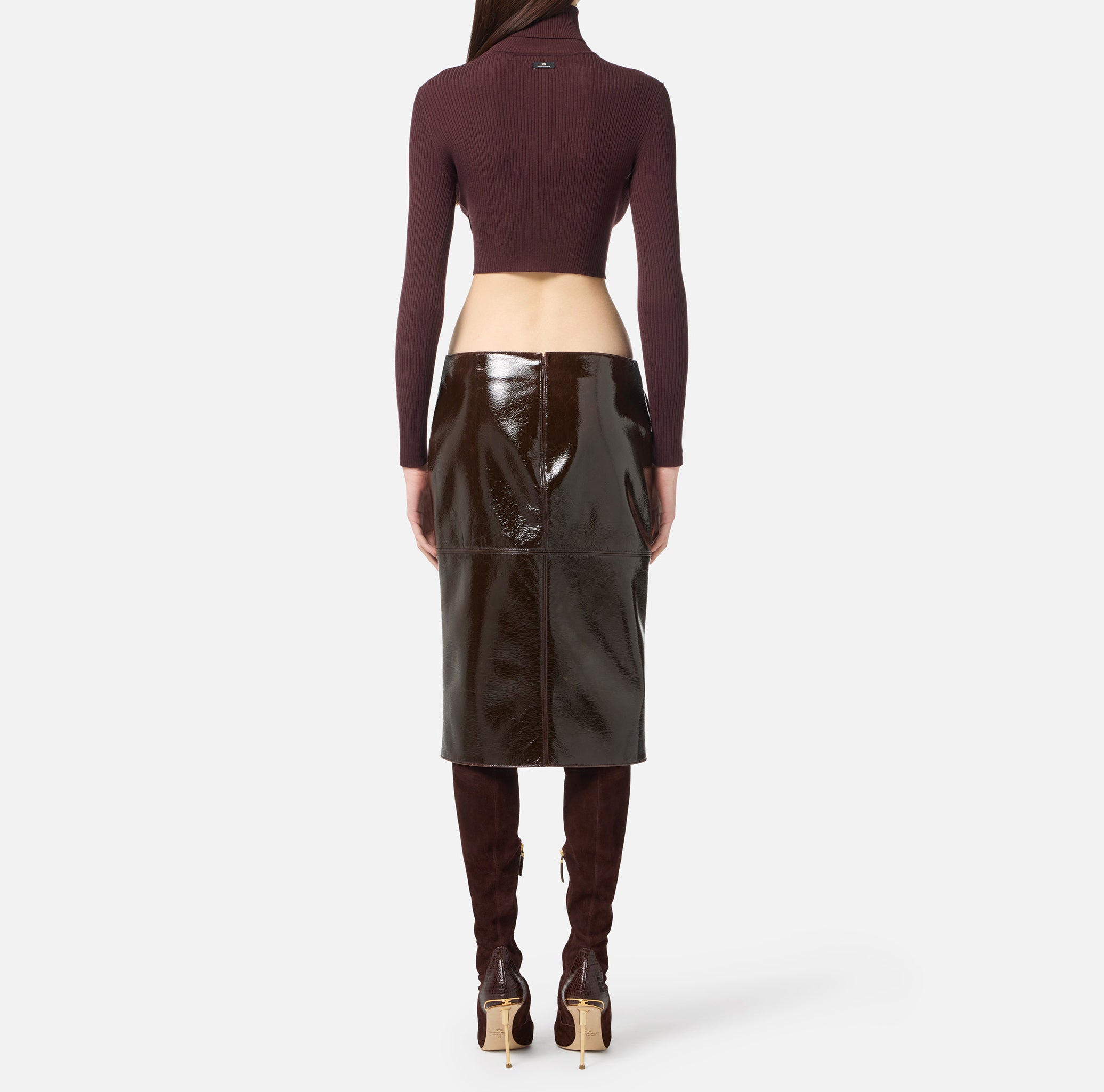 ELISABETTA FRANCHI Maglia Cropped Costine Bottoni-Merlot