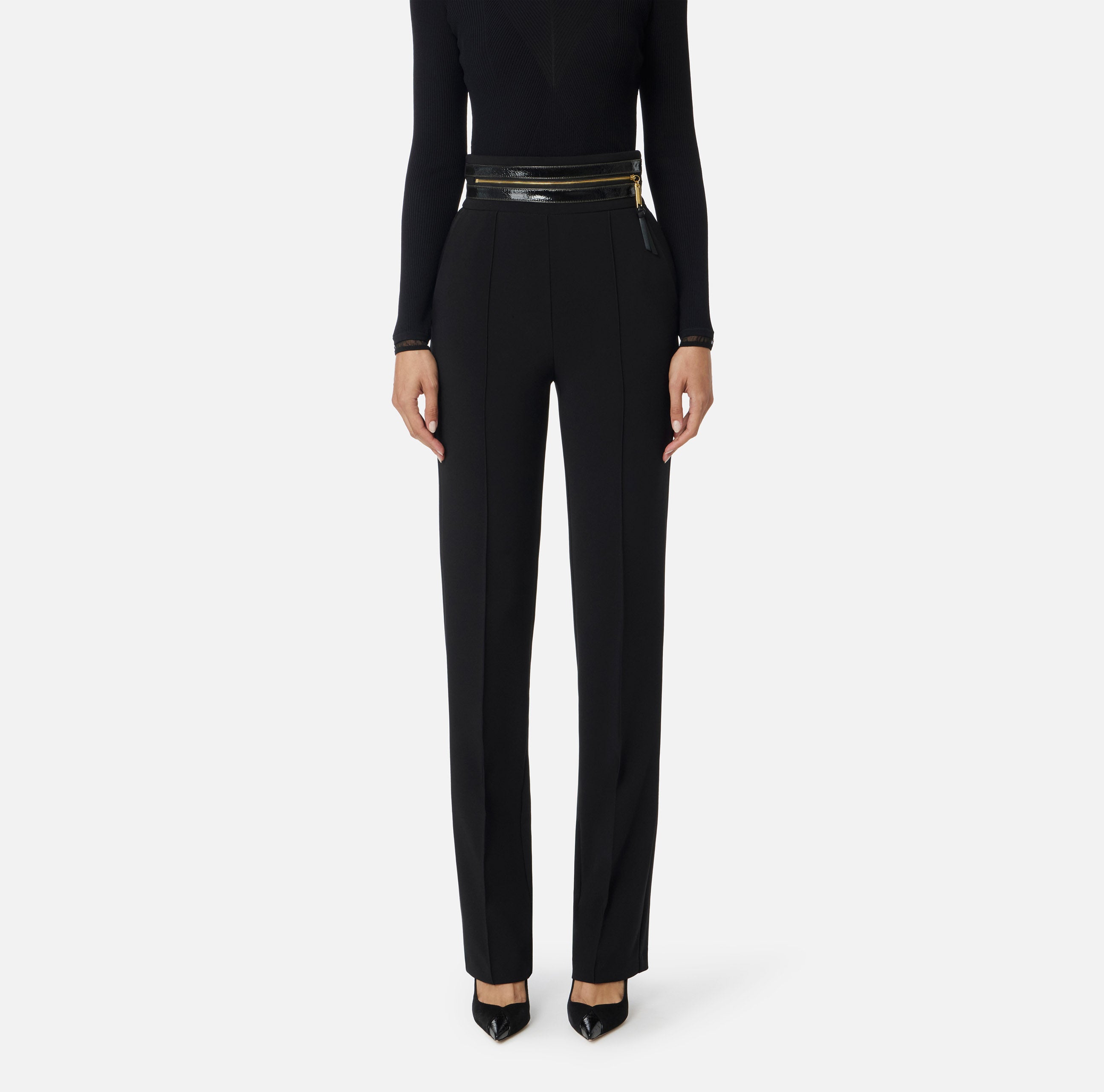 ELISABETTA FRANCHI Pantalone Crêpe Fascione Craquelé-Nero