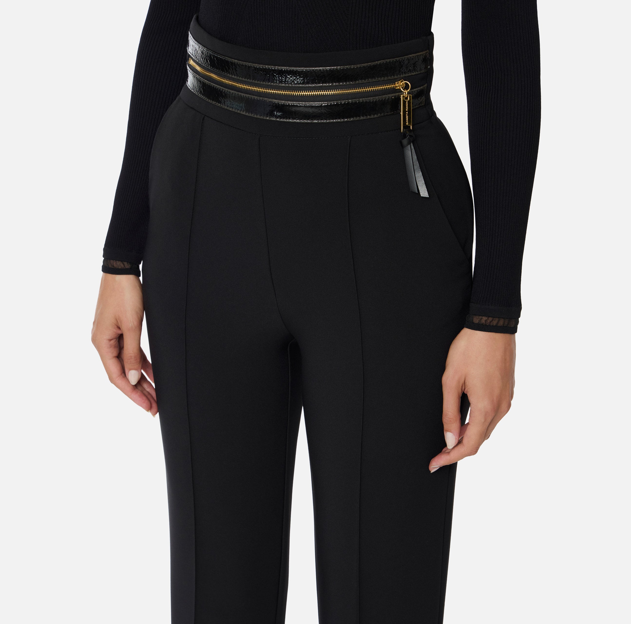 ELISABETTA FRANCHI Pantalone Crêpe Fascione Craquelé-Nero