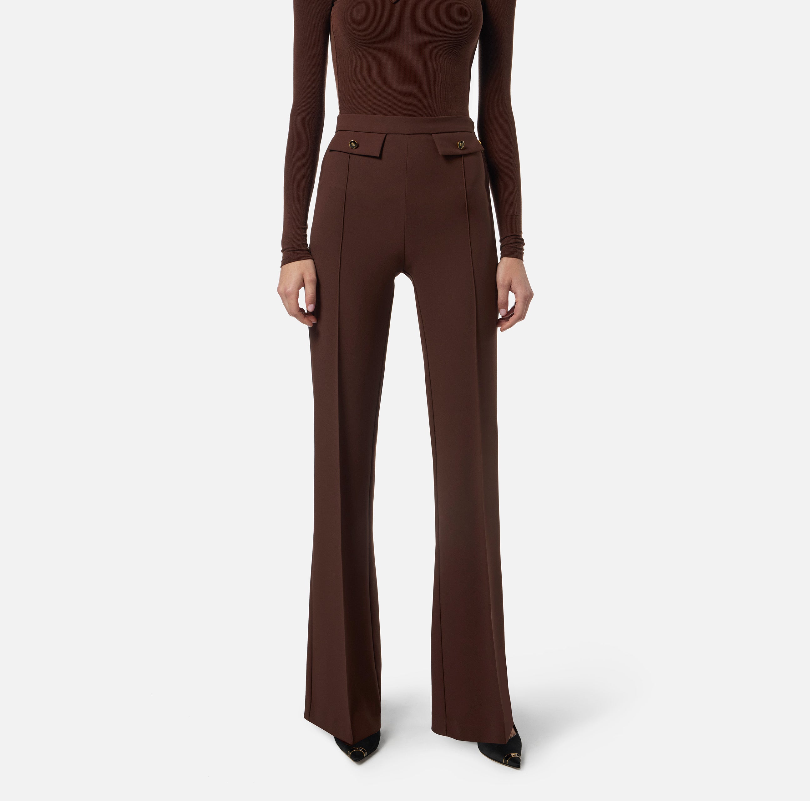 ELISABETTA FRANCHI Pantalone Palazzo Doppio Crêpe Essential-Coffee