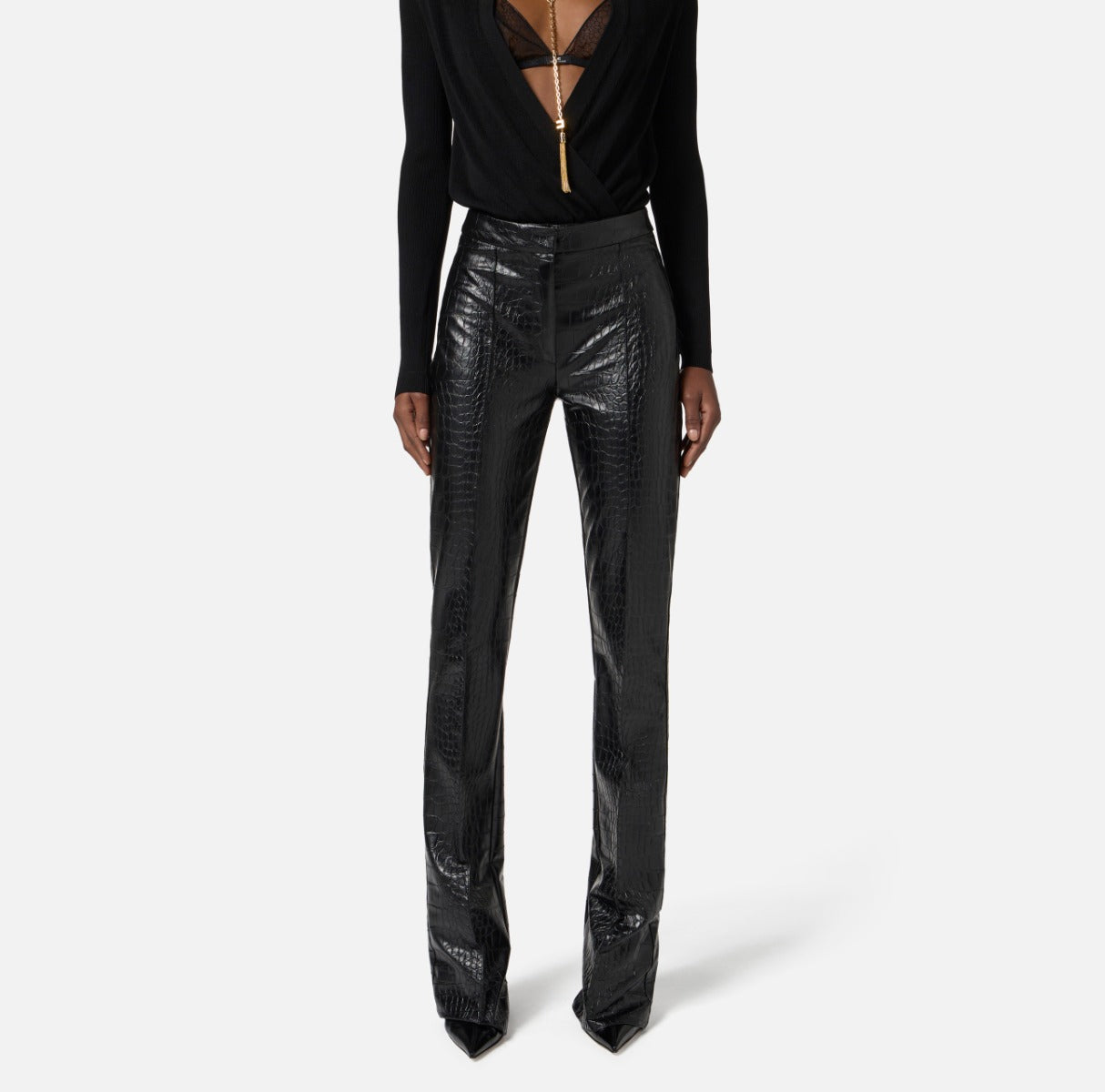ELISABETTA FRANCHI Pantalone Ecopelle Coccodrillo-Nero