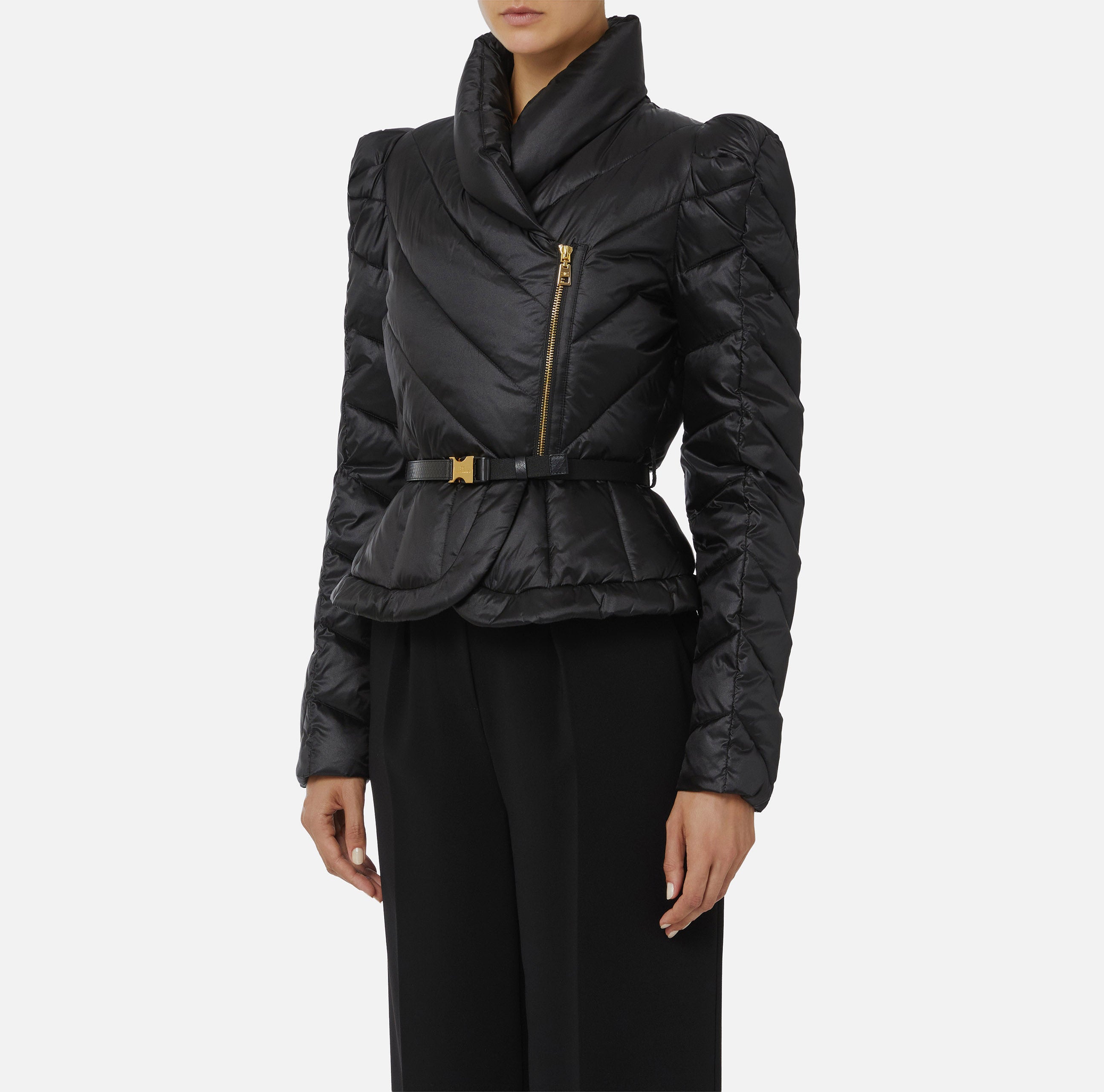 ELISABETTA FRANCHI Piumino Corto Tessuto Vela chevron Cintura-Nero