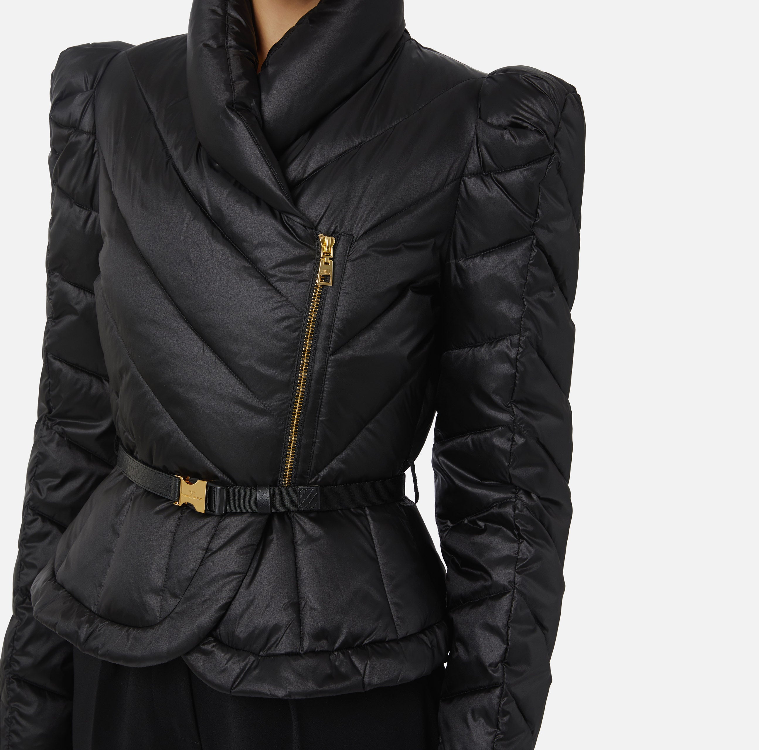 ELISABETTA FRANCHI Piumino Corto Tessuto Vela chevron Cintura-Nero