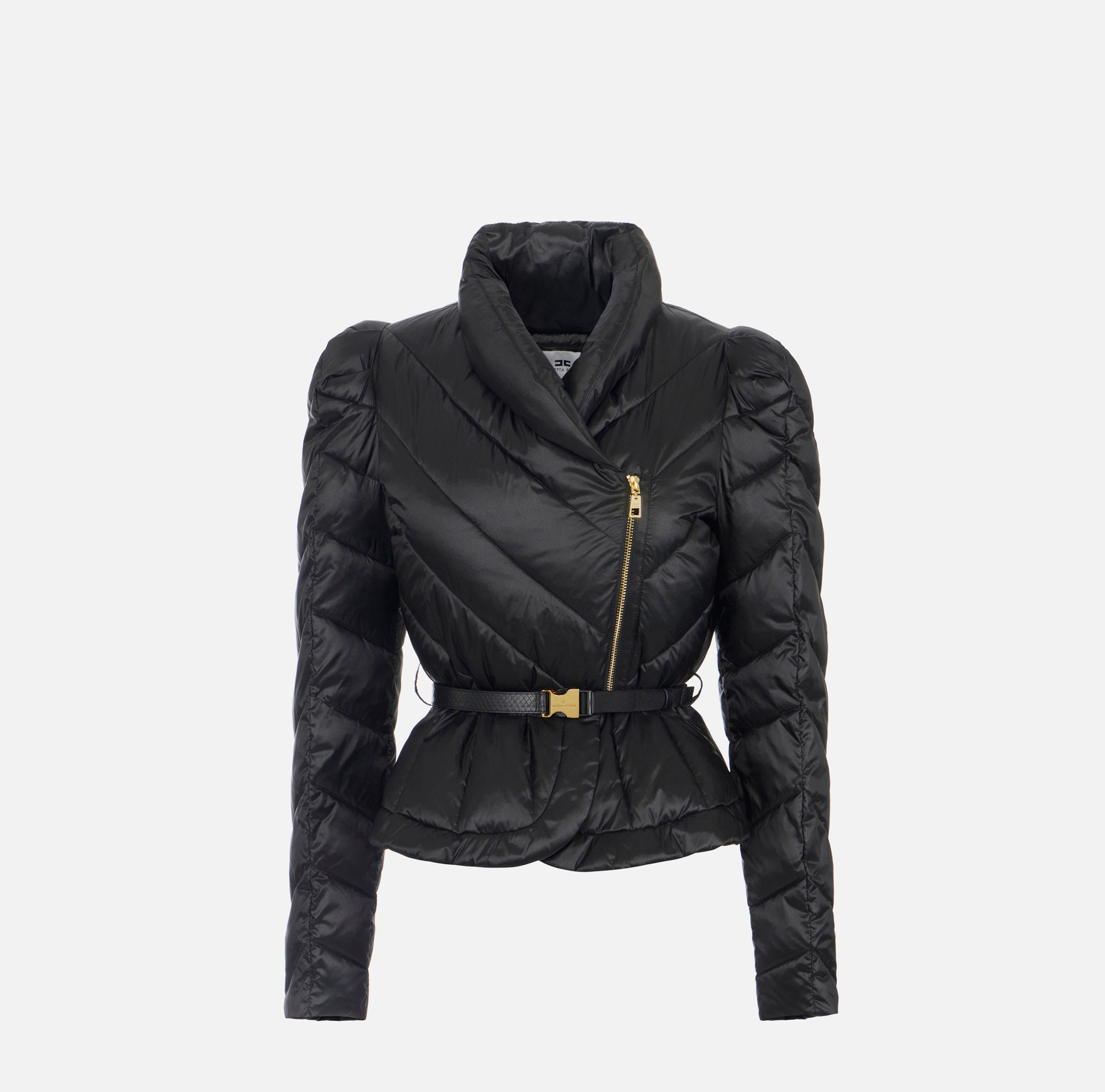 ELISABETTA FRANCHI Piumino Corto Tessuto Vela chevron Cintura-Nero