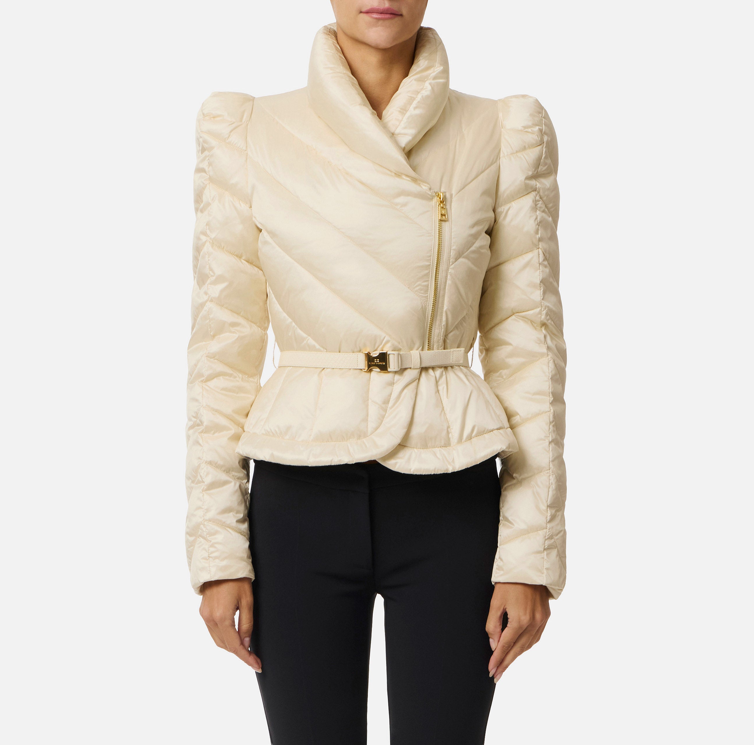 ELISABETTA FRANCHI Piumino Corto Tessuto Vela chevron Cintura-Milk