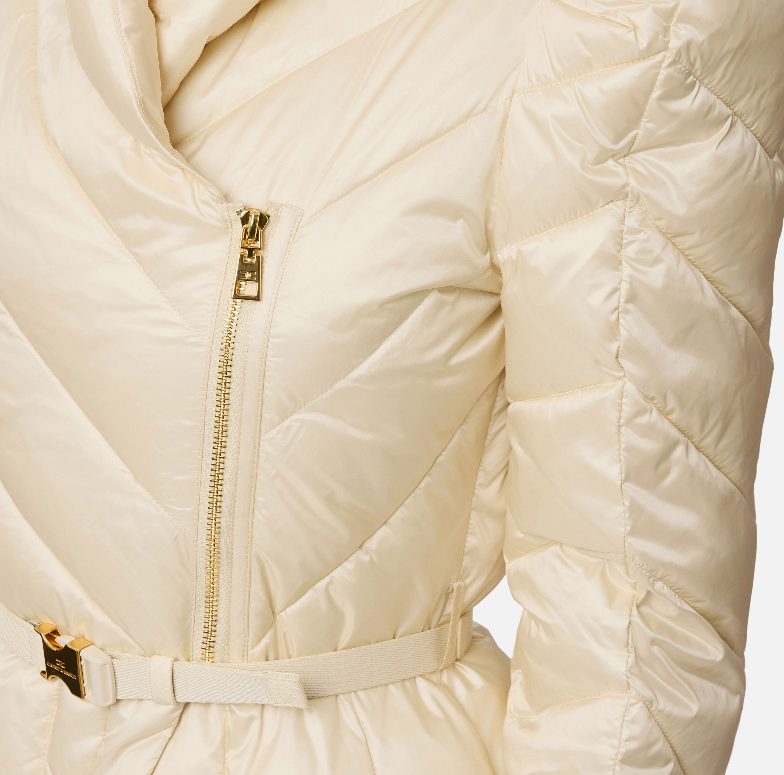 ELISABETTA FRANCHI Piumino Corto Tessuto Vela chevron Cintura-Milk