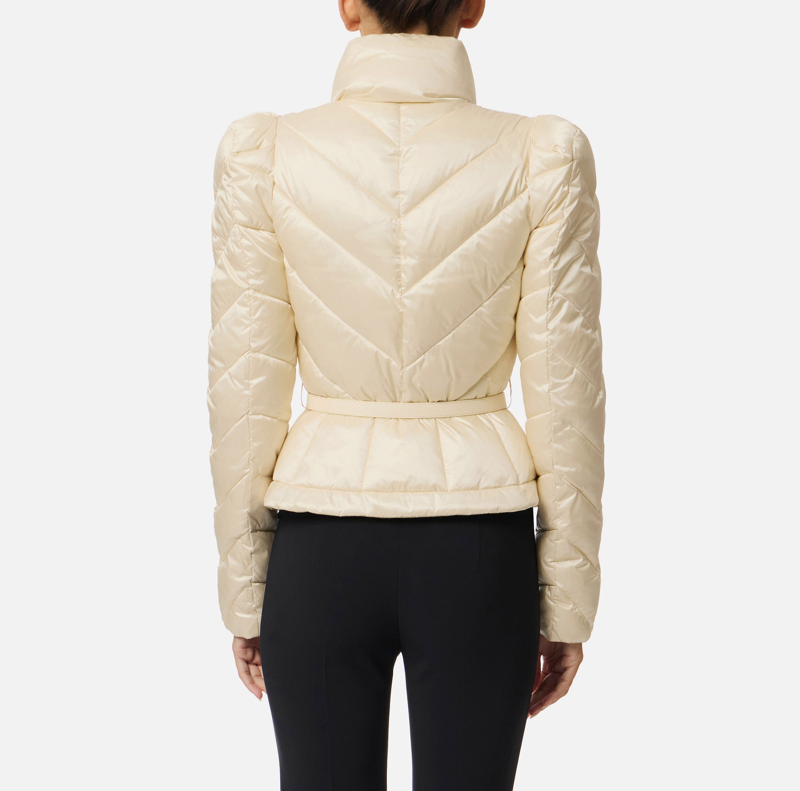 ELISABETTA FRANCHI Piumino Corto Tessuto Vela chevron Cintura-Milk