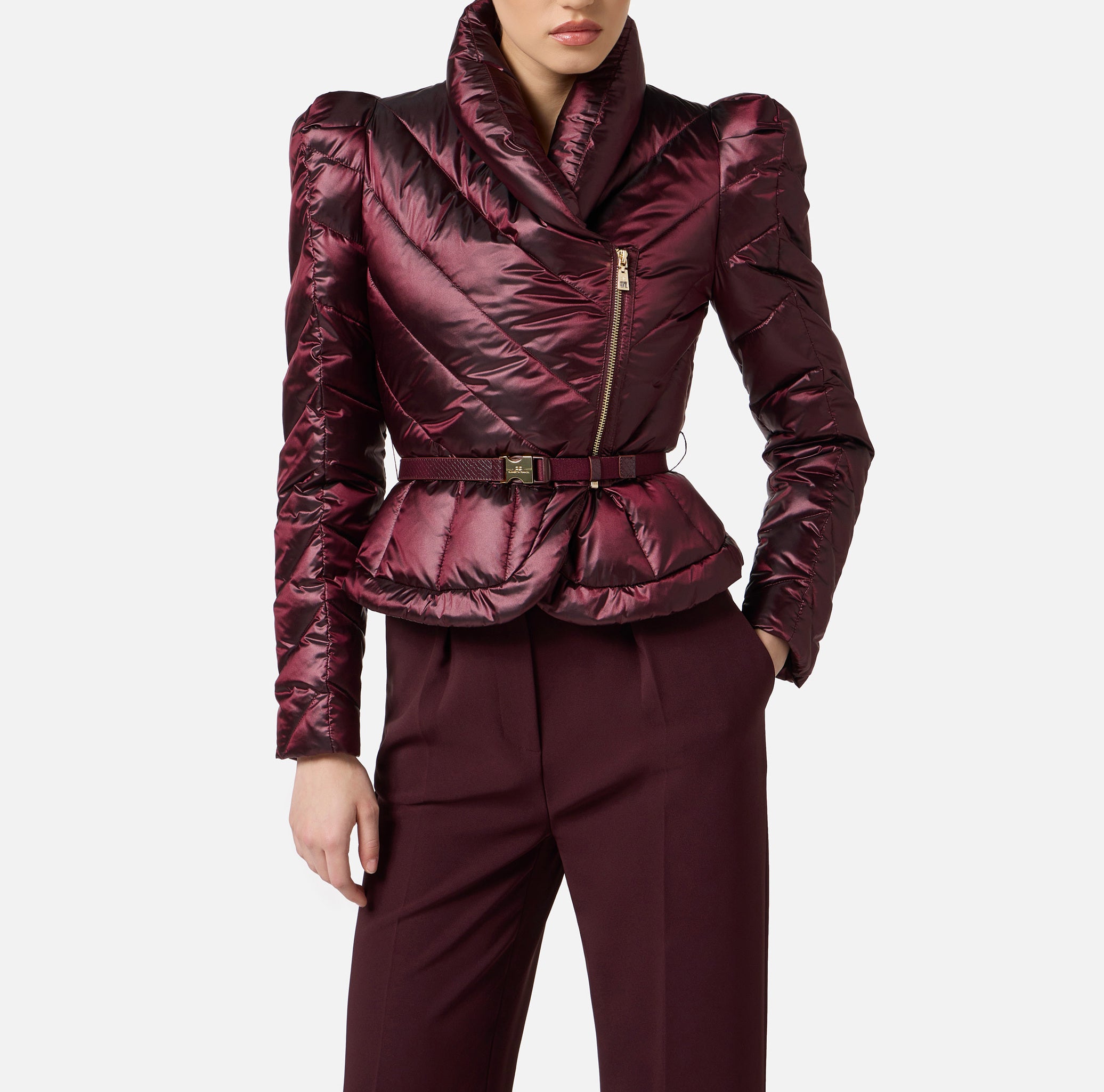 ELISABETTA FRANCHI Piumino Corto Tessuto Vela chevron Cintura-Merlot