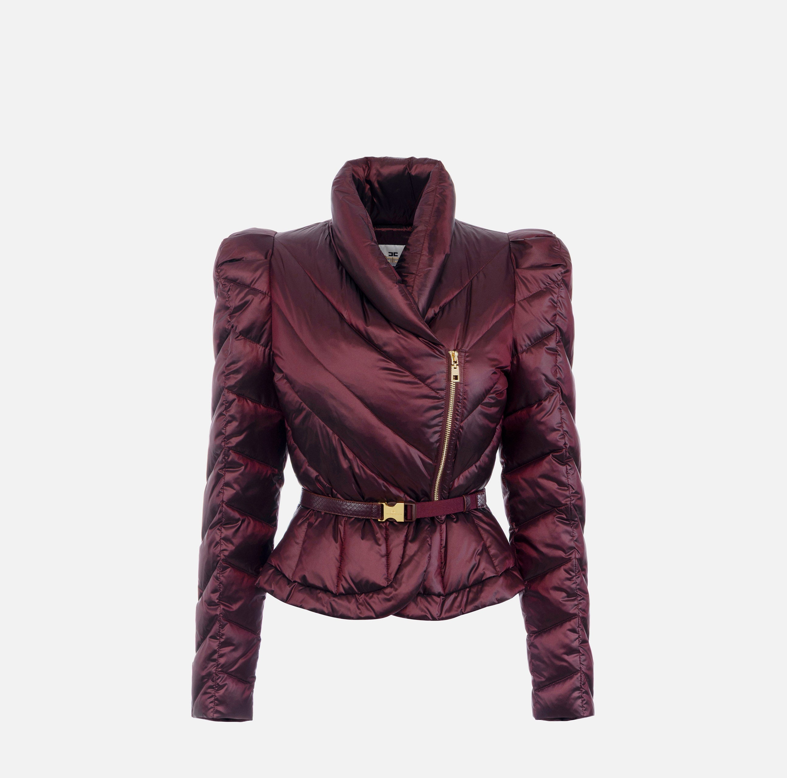 ELISABETTA FRANCHI Piumino Corto Tessuto Vela chevron Cintura-Merlot