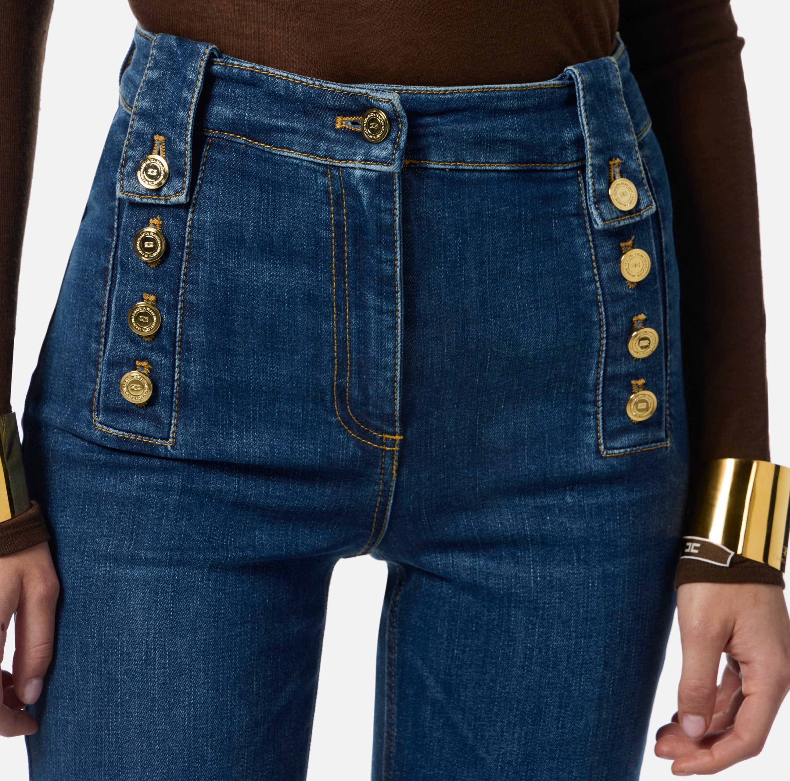 ELISABETTA FRANCHI Jeans Palazzo Bottoni-Blue Denim