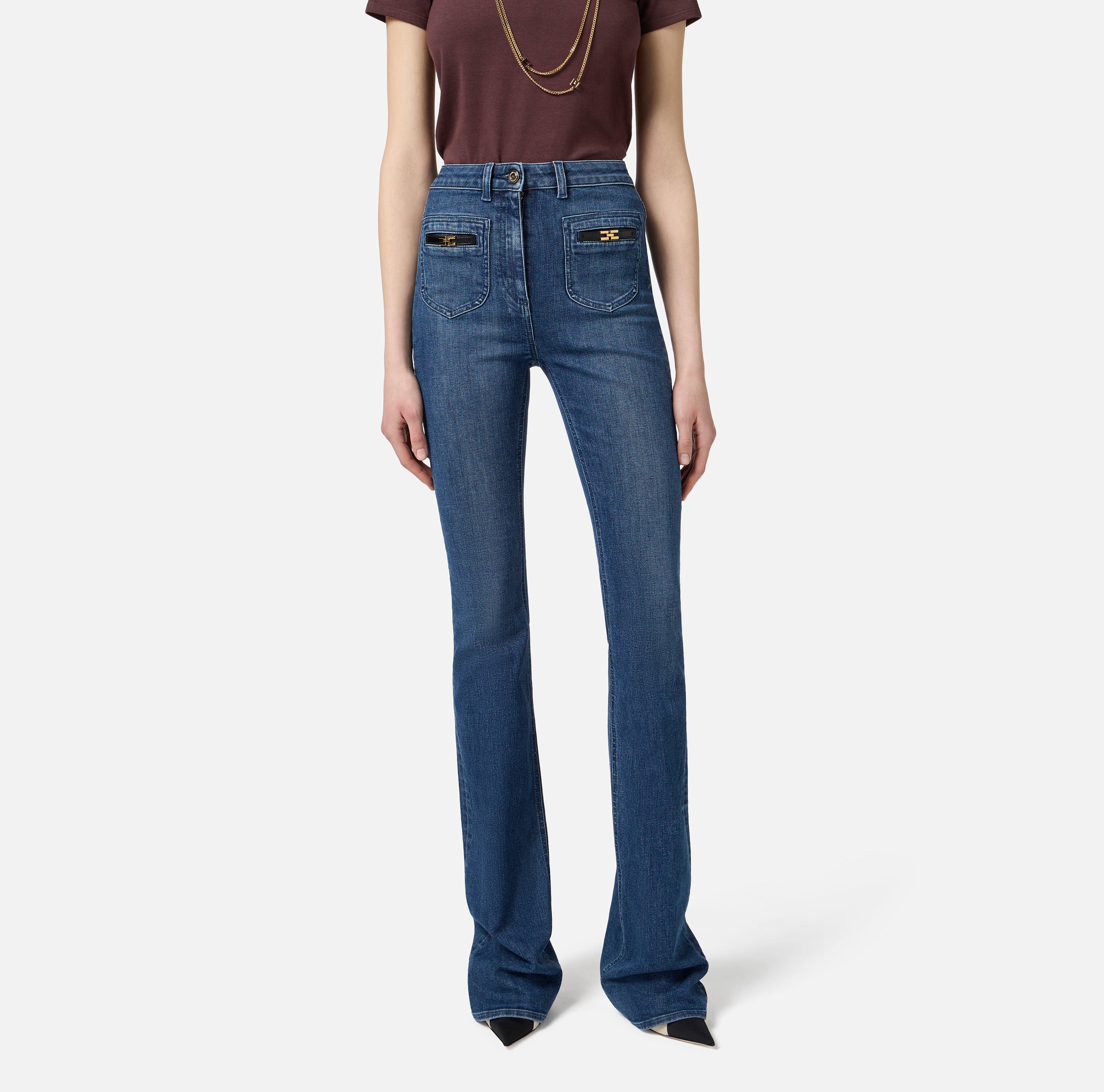 ELISABETTA FRANCHI Jeans Bootcut Denim Logo-Blue Denim
