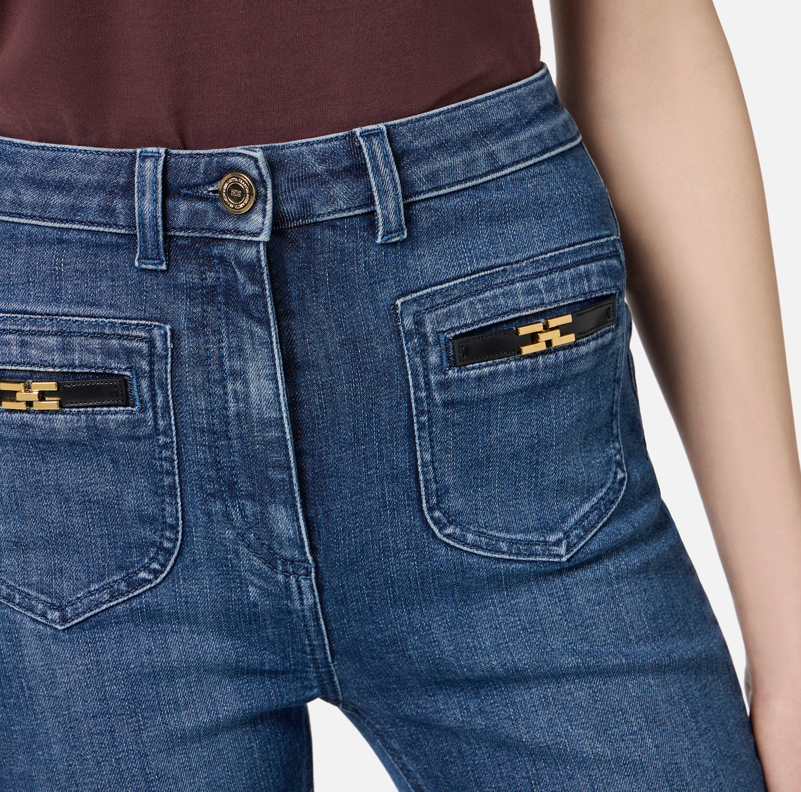 ELISABETTA FRANCHI Jeans Bootcut Denim Logo-Blue Denim