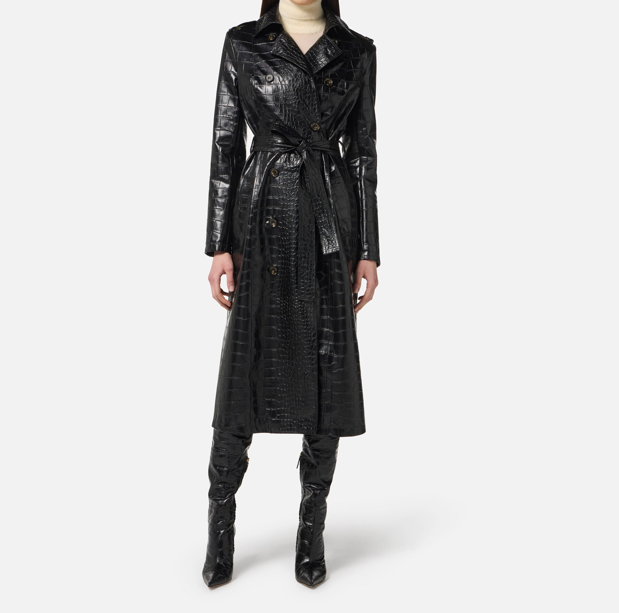 ELISABETTA FRANCHI Trench Ecopelle Coccodrillo-Nero