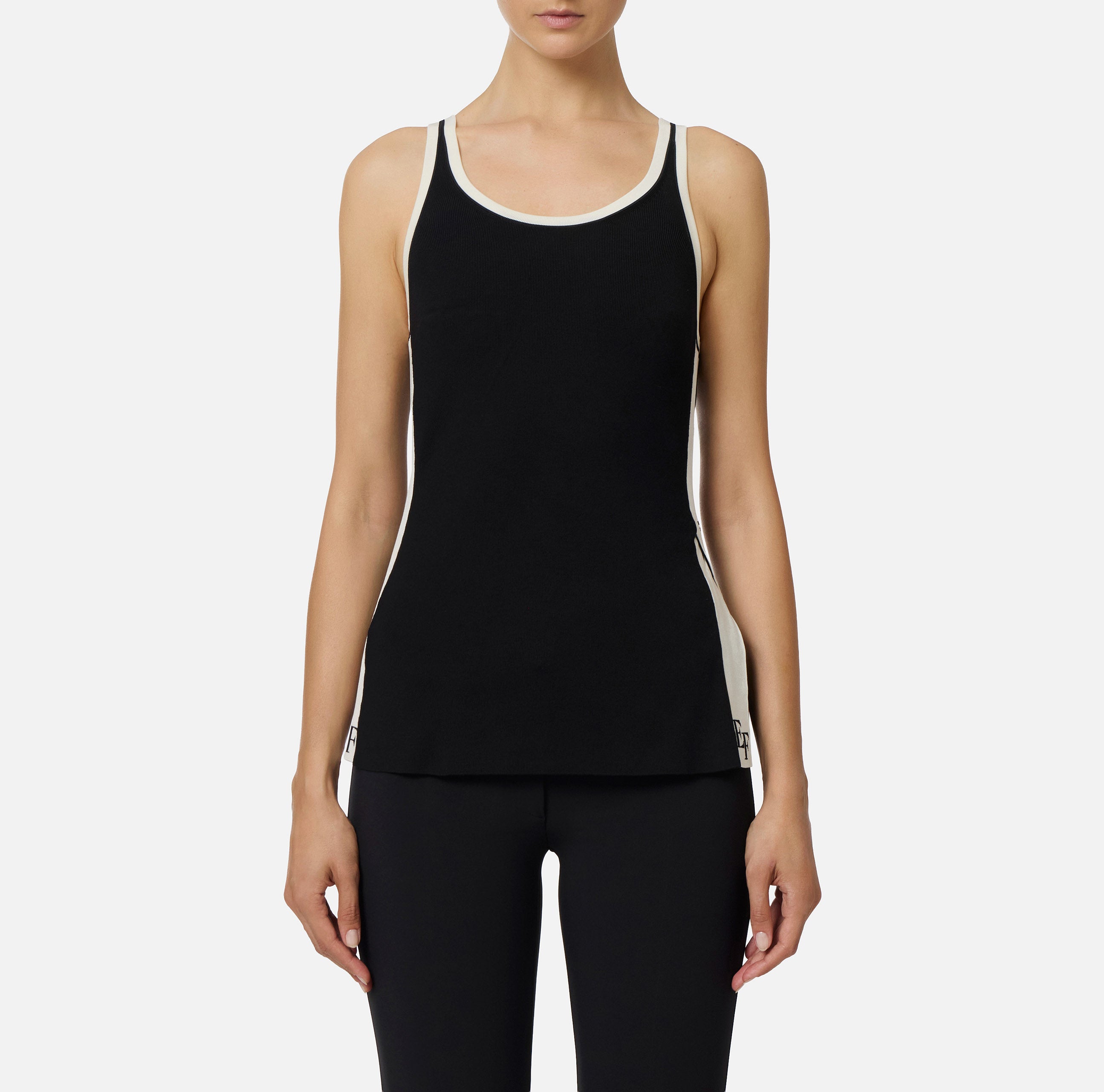 ELISABETTA FRANCHI Canotta Maglia Viscosa Bande Logo-Nero Milk
