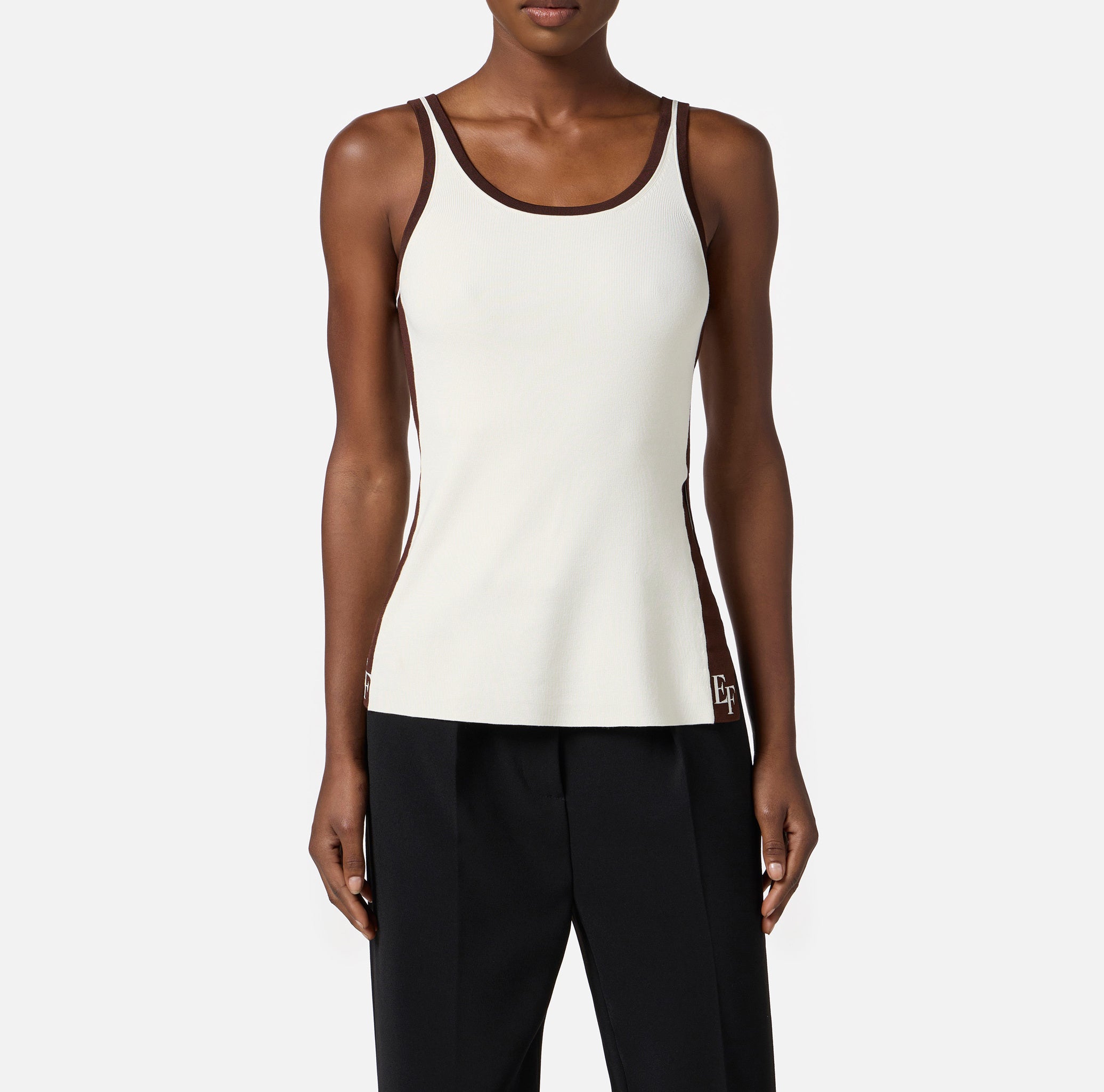 ELISABETTA FRANCHI Canotta Maglia Viscosa Bande Logo-Milk Coffee