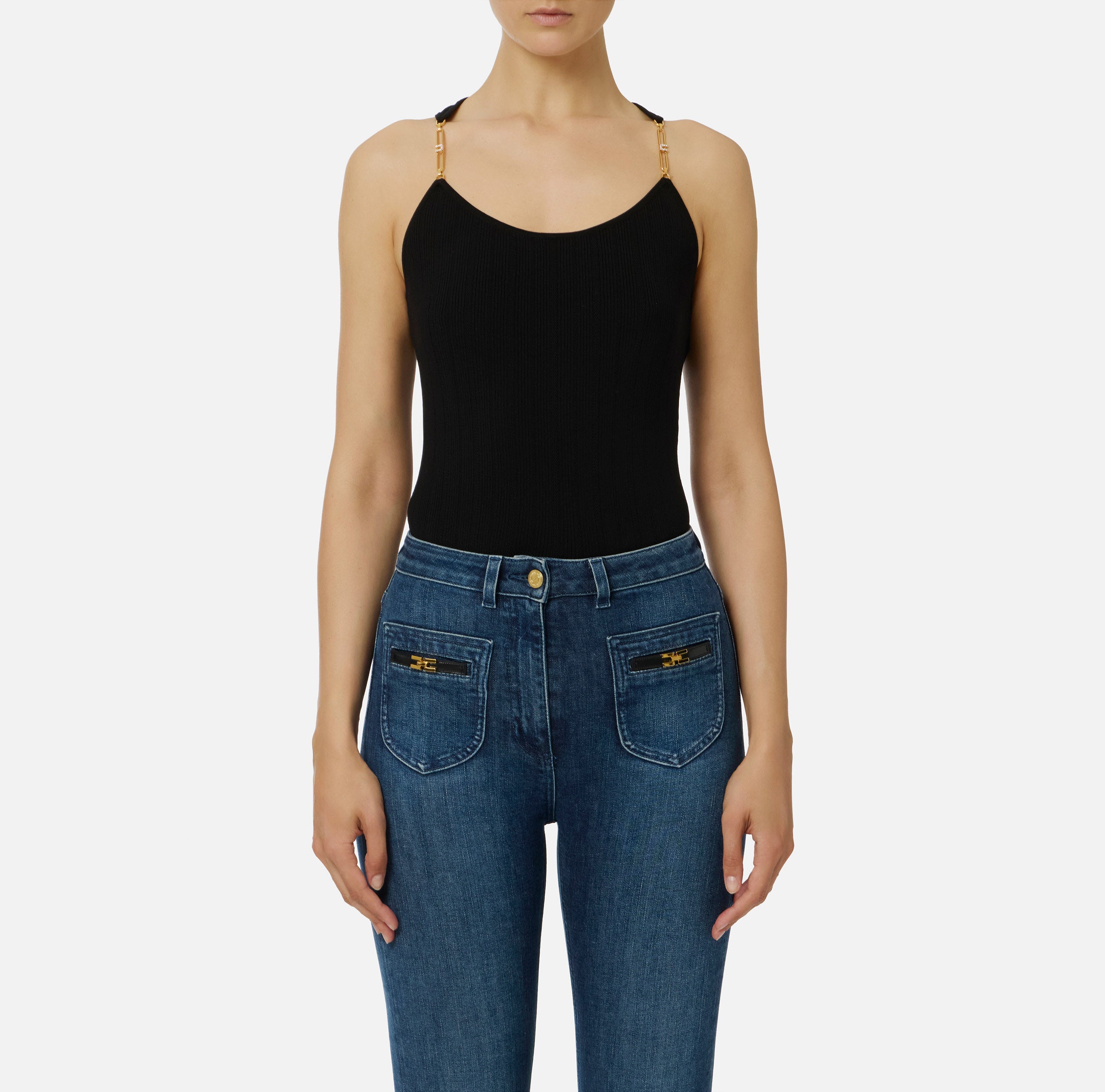 ELISABETTA FRANCHI Top Maglia Costine Spalline Gioiello-Nero