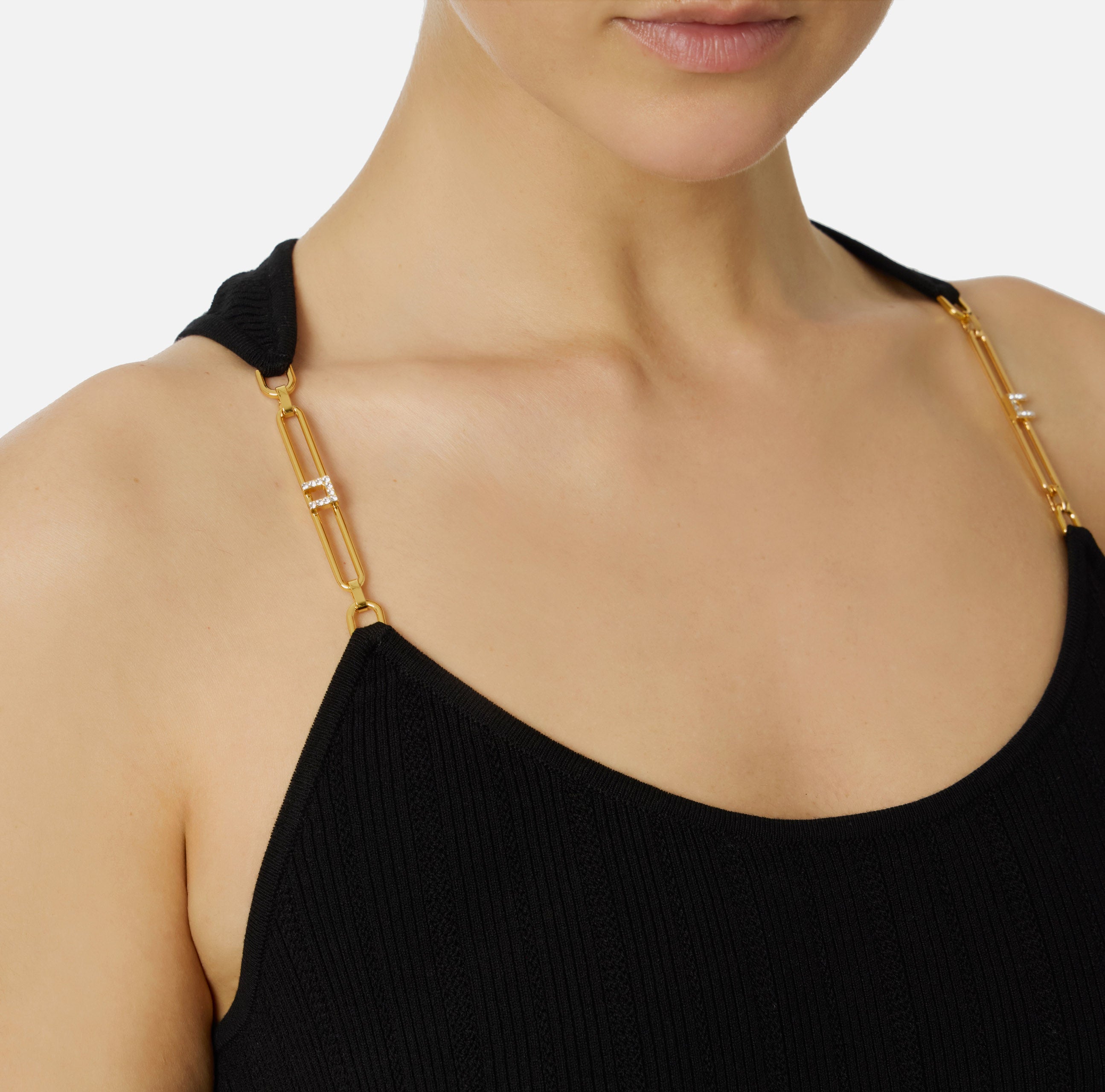 ELISABETTA FRANCHI Top Maglia Costine Spalline Gioiello-Nero