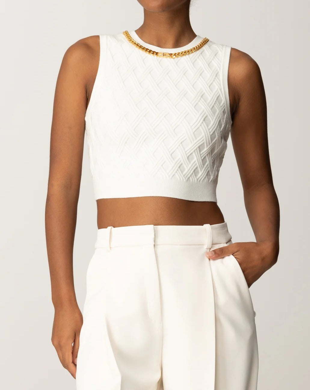 ELISABETTA FRANCHI Top Cropped Maglia Rombi Catena-Avorio