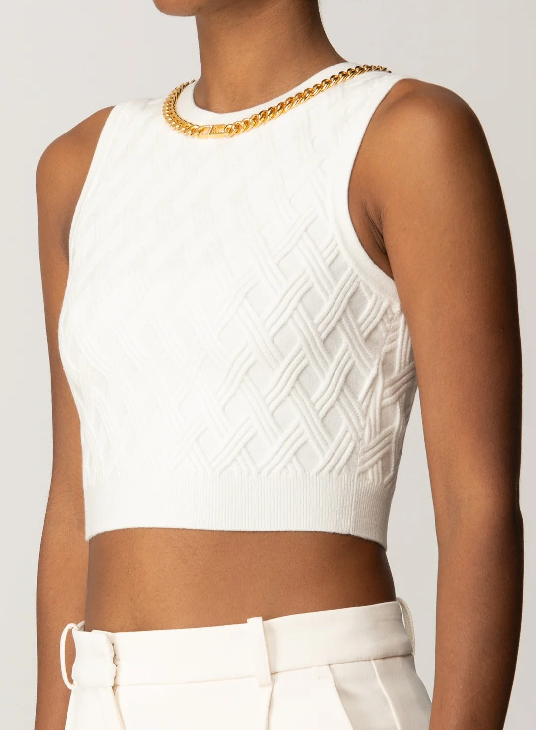 ELISABETTA FRANCHI Top Cropped Maglia Rombi Catena-Avorio