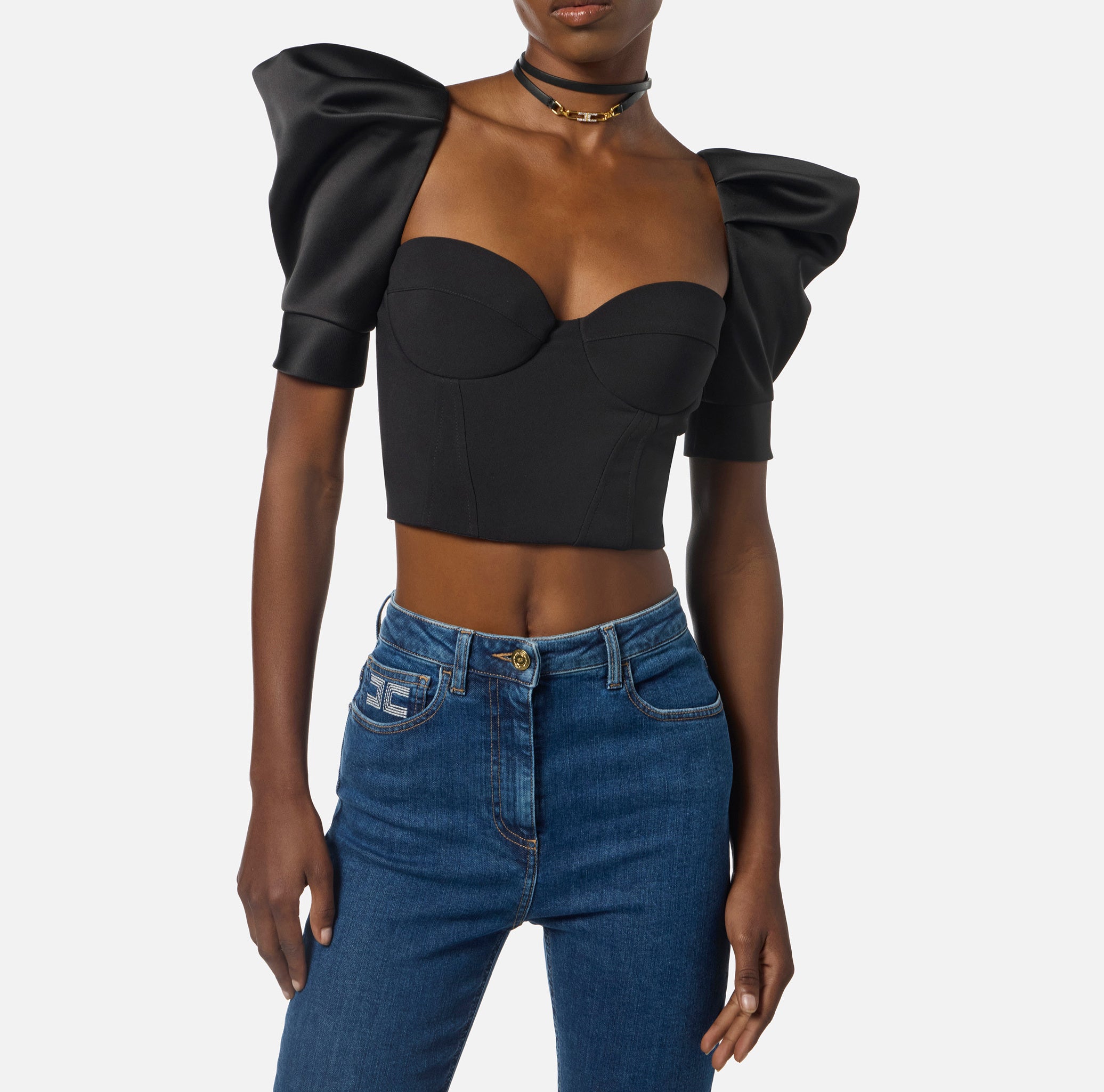 ELISABETTA FRANCHI Top Crêpe Duchesse Maniche Baloon-Nero