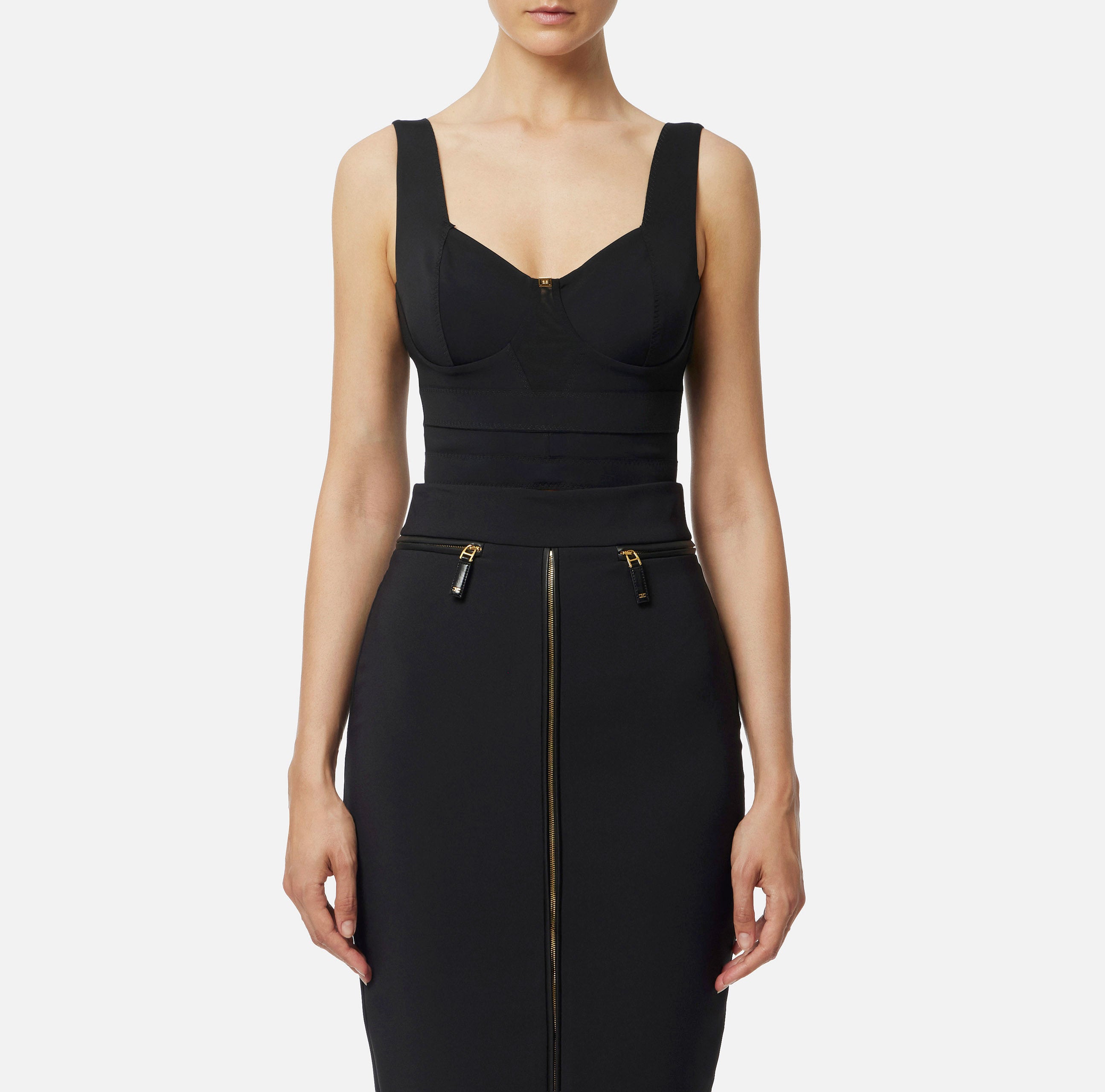 ELISABETTA FRANCHI Top Bustier Bielastico Tulle-Nero