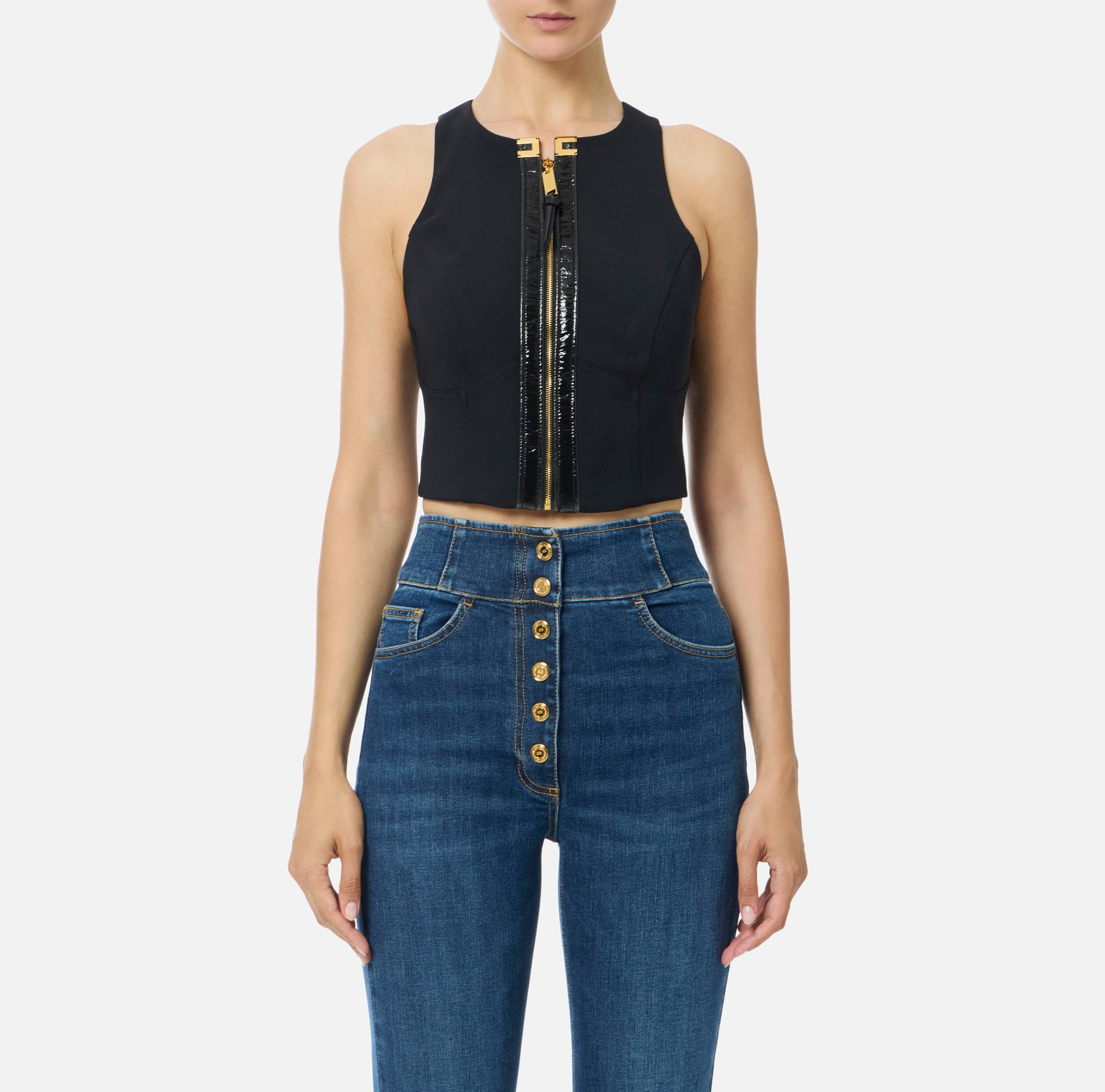 ELISABETTA FRANCHI Top Doppio Crêpe Logo Craquelé-Nero