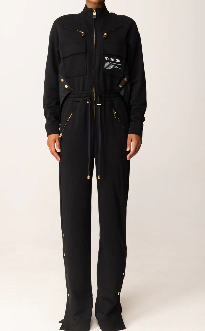 ELISABETTA FRANCHI Tuta Felpa Cotone Popeline Logo Lettering Muse-Nero
