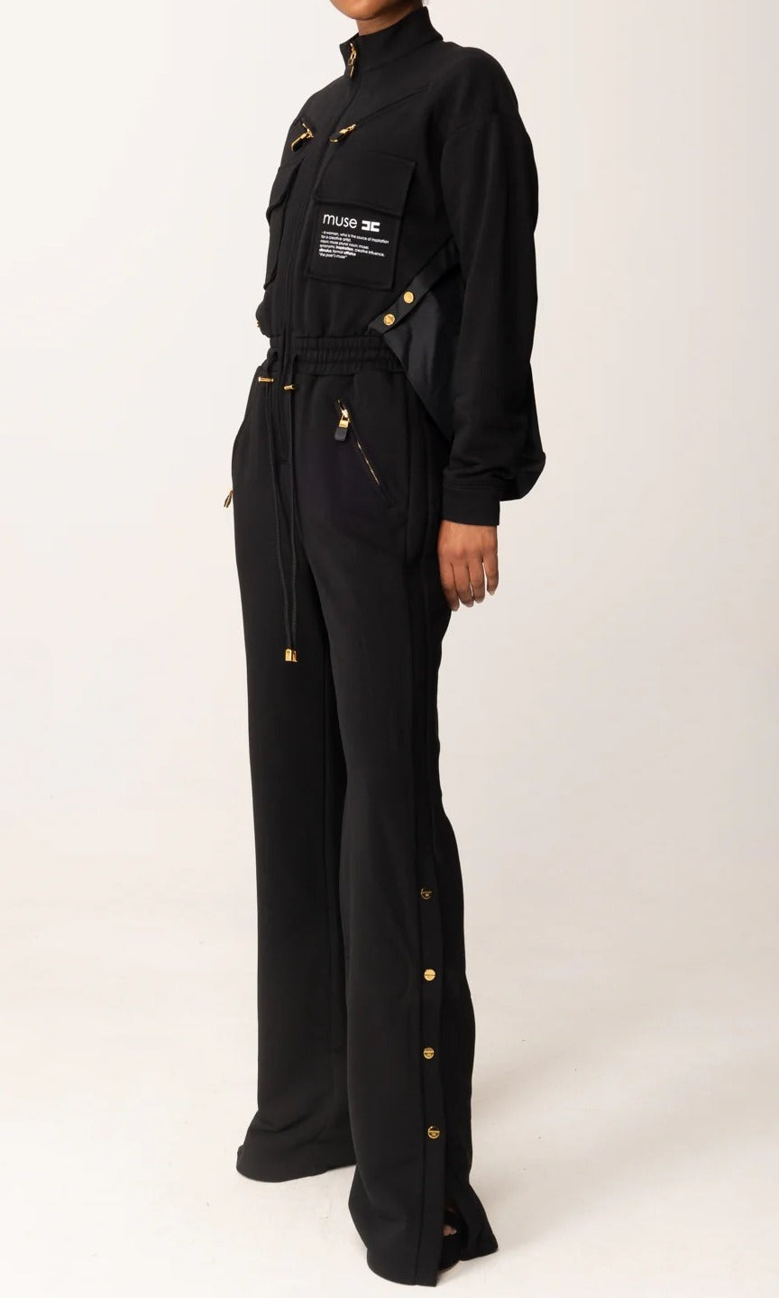 ELISABETTA FRANCHI Tuta Felpa Cotone Popeline Logo Lettering Muse-Nero