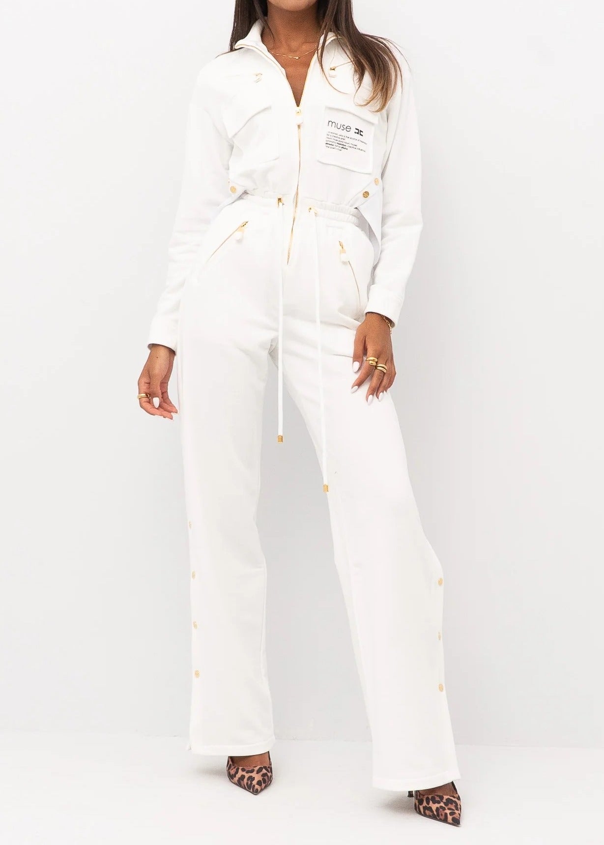 ELISABETTA FRANCHI Tuta Felpa Cotone Popeline Logo Lettering Muse-Avorio