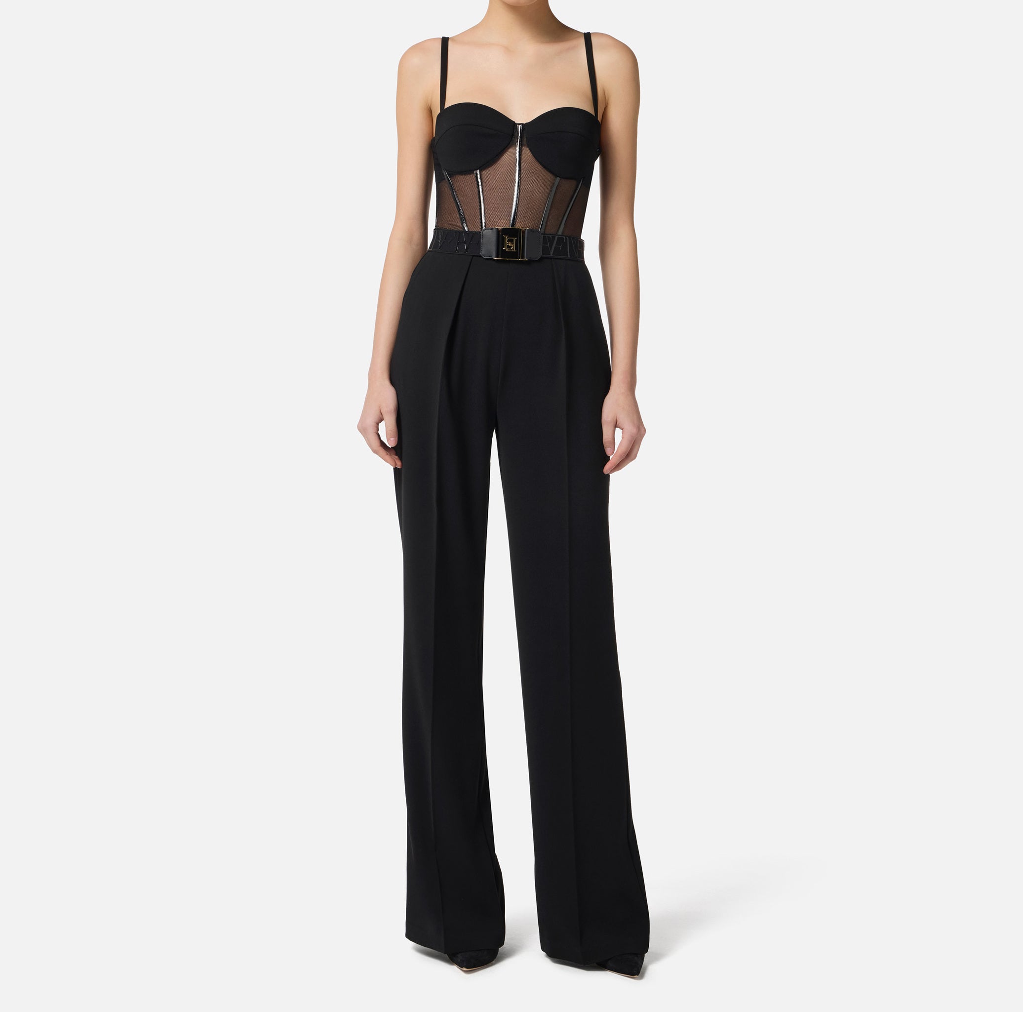 ELISABETTA FRANCHI Tuta Crêpe Tulle Cintura-Nero