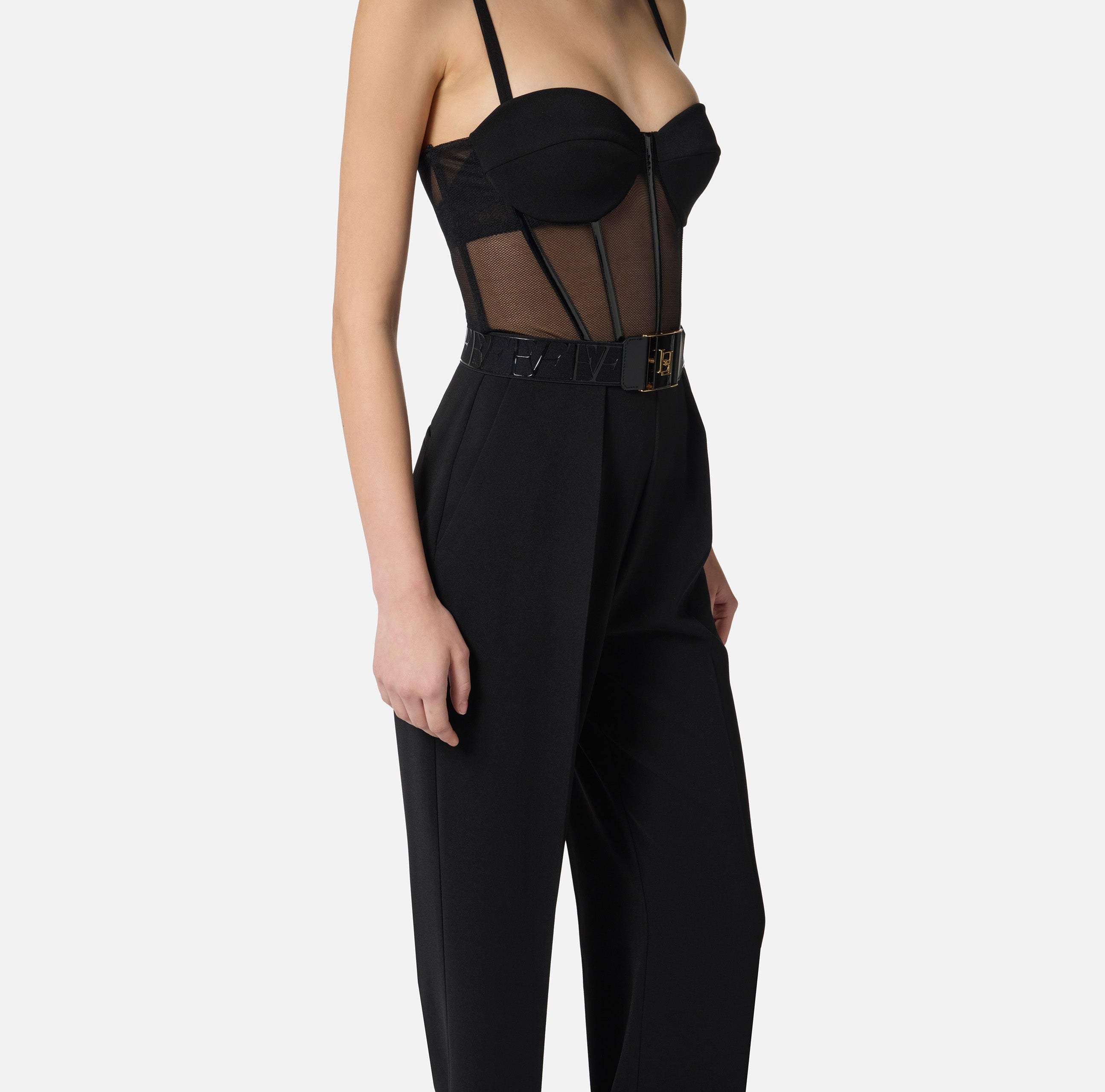 ELISABETTA FRANCHI Tuta Crêpe Tulle Cintura-Nero