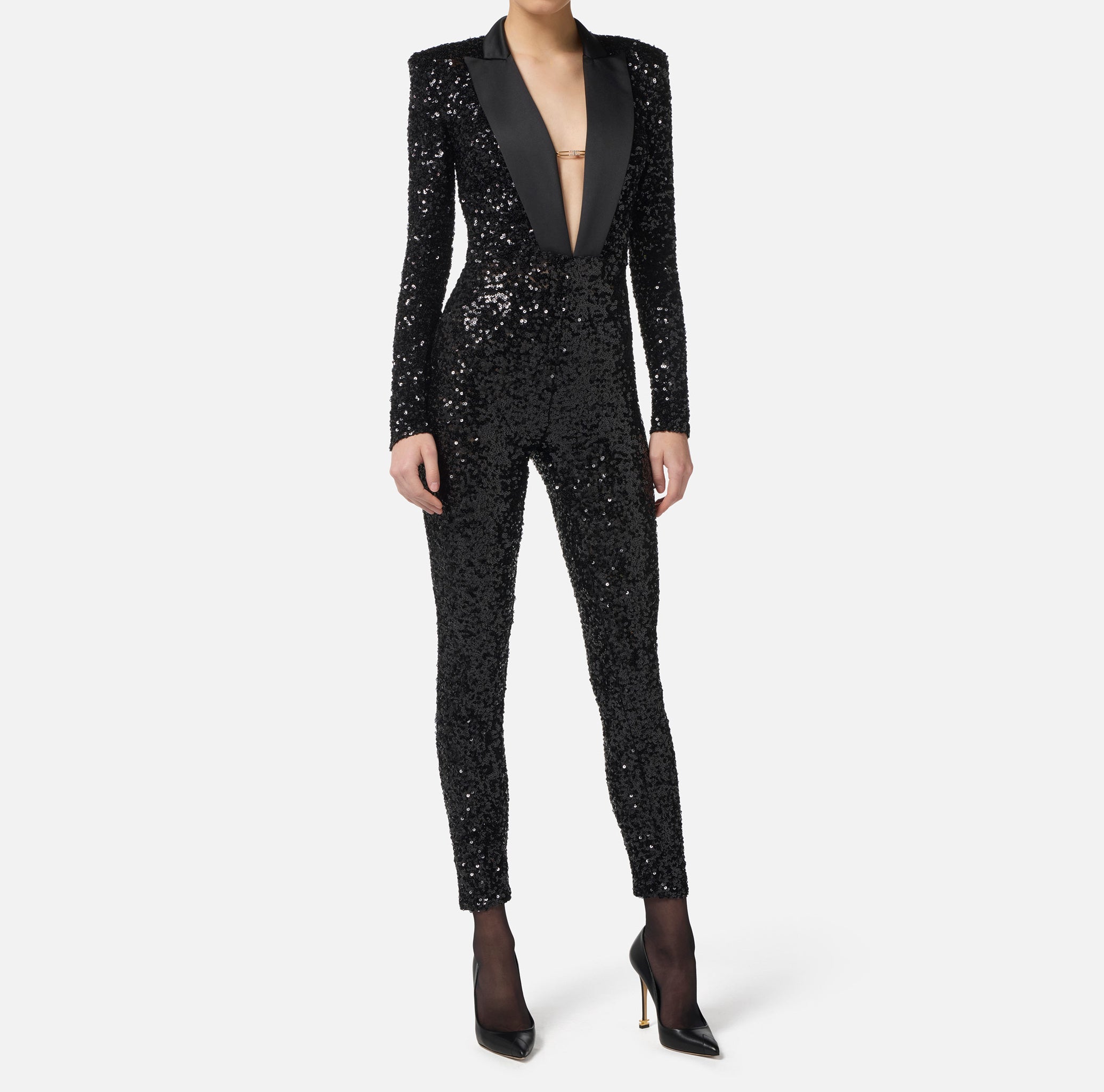 ELISABETTA FRANCHI Tuta Red Carpet Paillettes-Nero