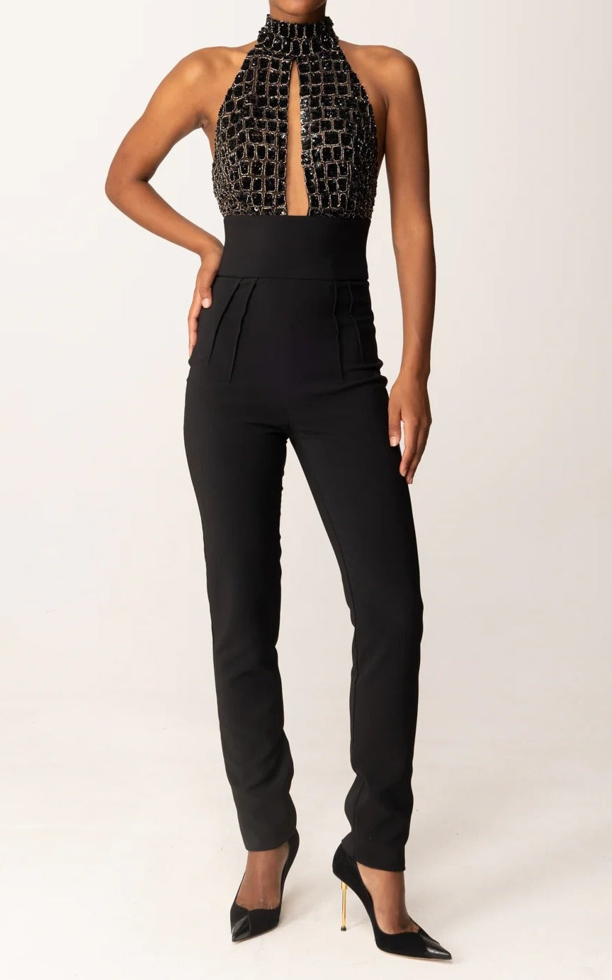 ELISABETTA FRANCHI Tuta Tulle crêpe Ricamo Coccodrillo-Nero