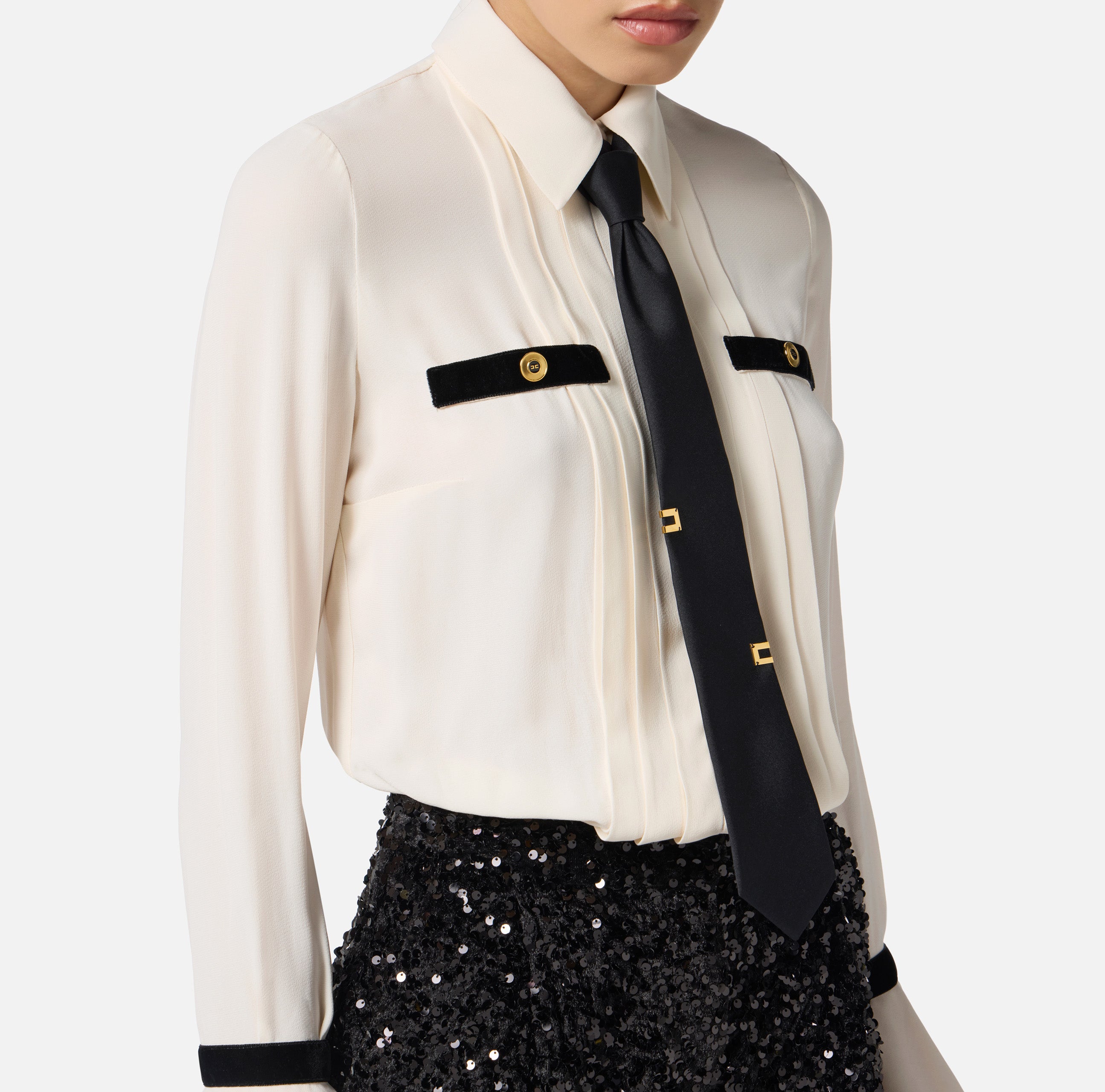ELISABETTA FRANCHI Tuta Georgette Paillettes Cravatta-Milk Nero