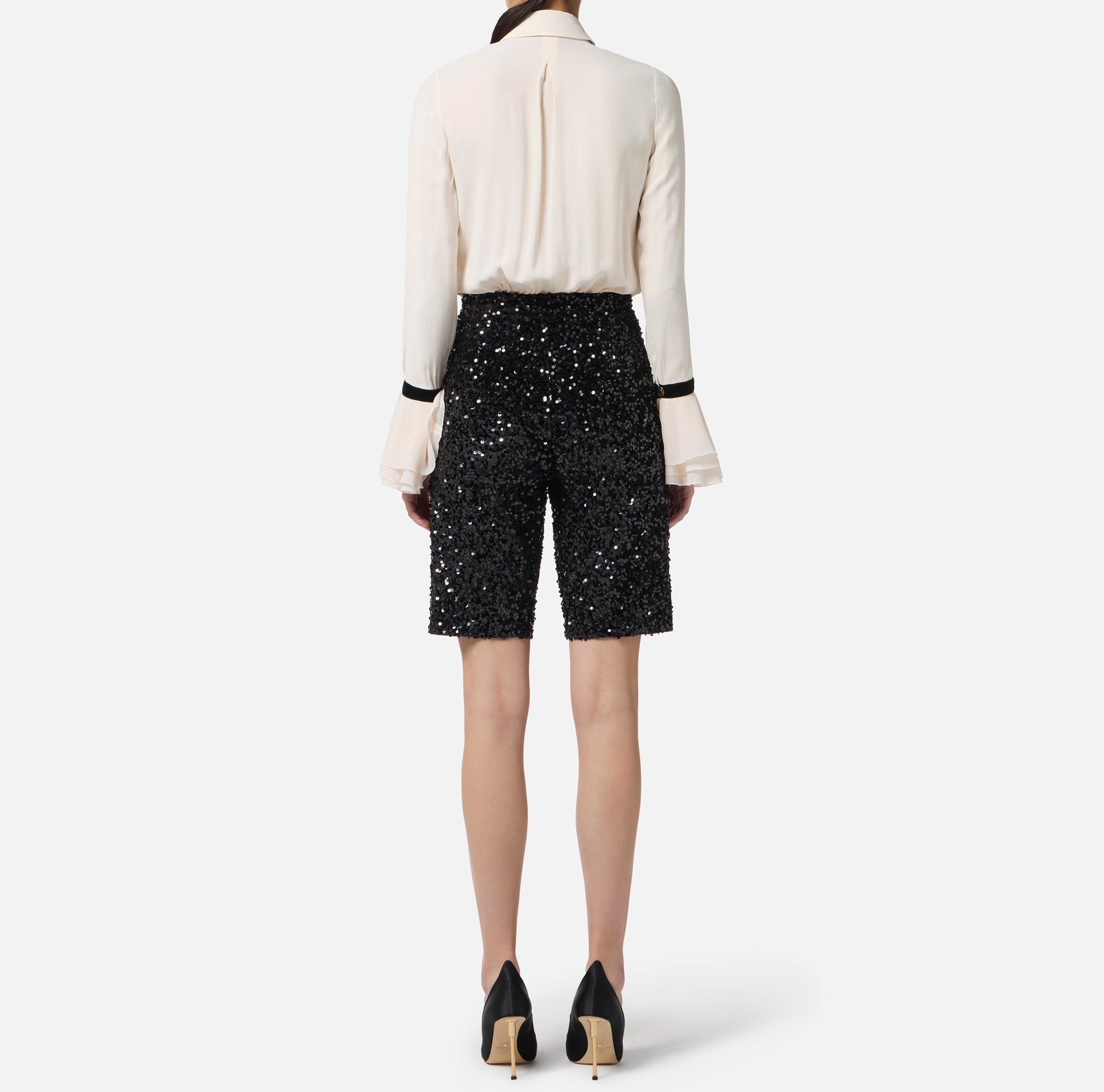 ELISABETTA FRANCHI Tuta Georgette Paillettes Cravatta-Milk Nero