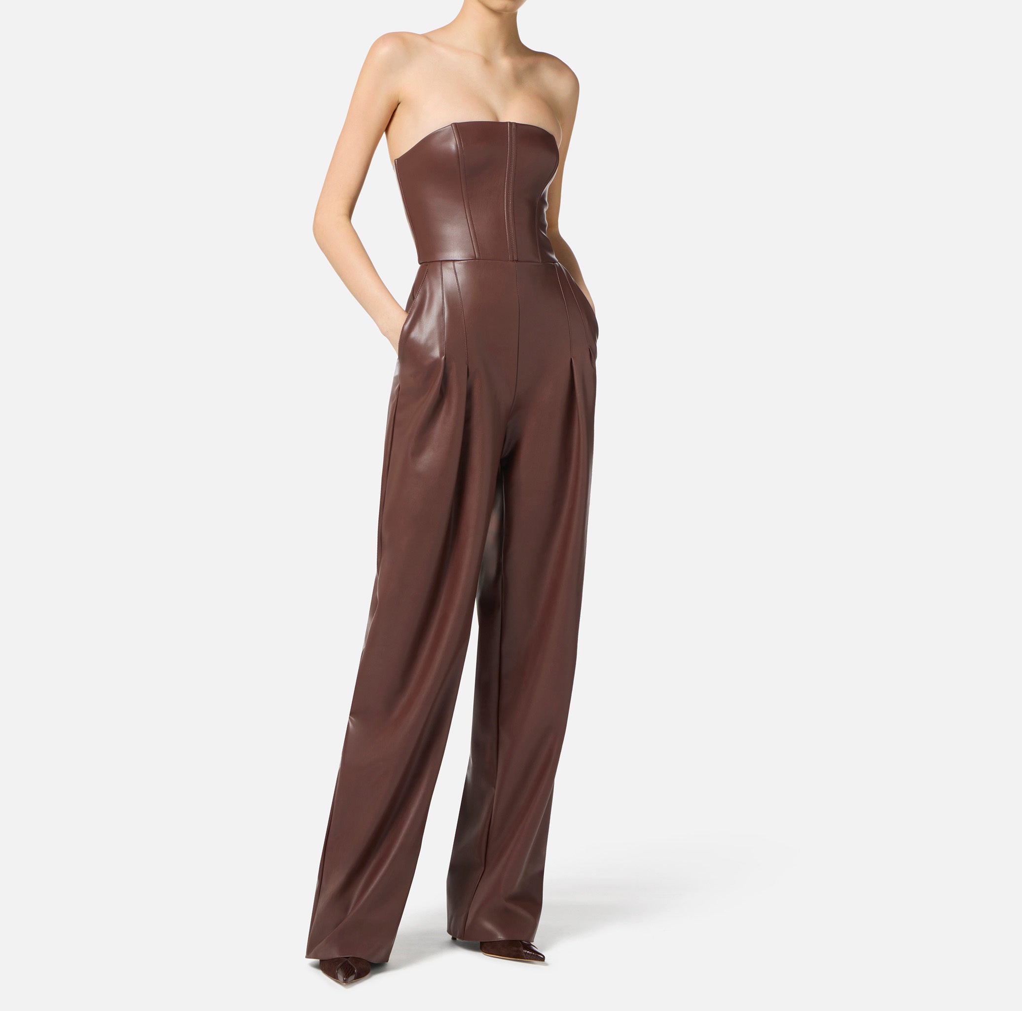 ELISABETTA FRANCHI Tuta Bustier Ecopelle-Coffee