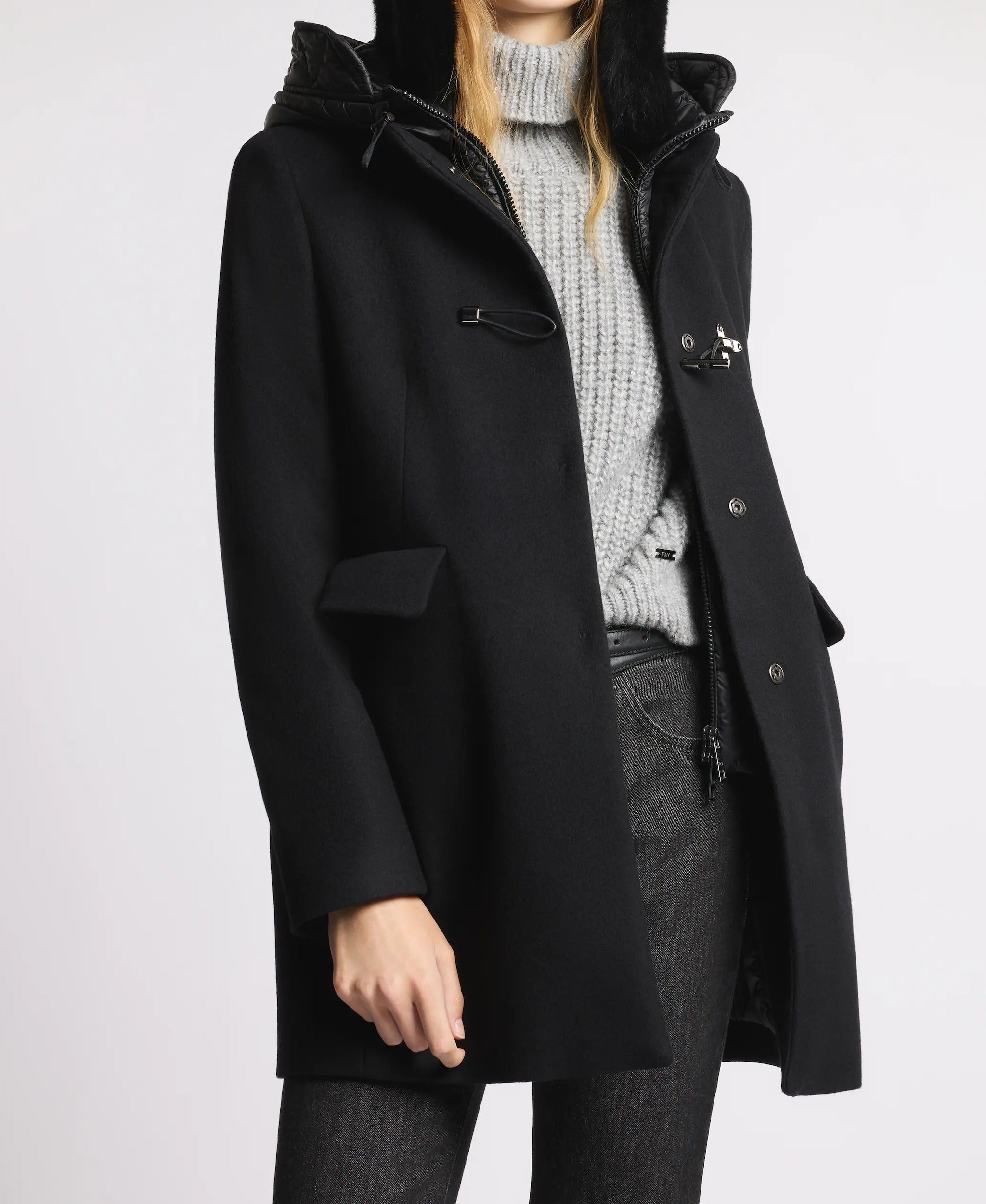 FAY CAPPOTTO Donna TOGGLE Double FRONT Panno-Nero