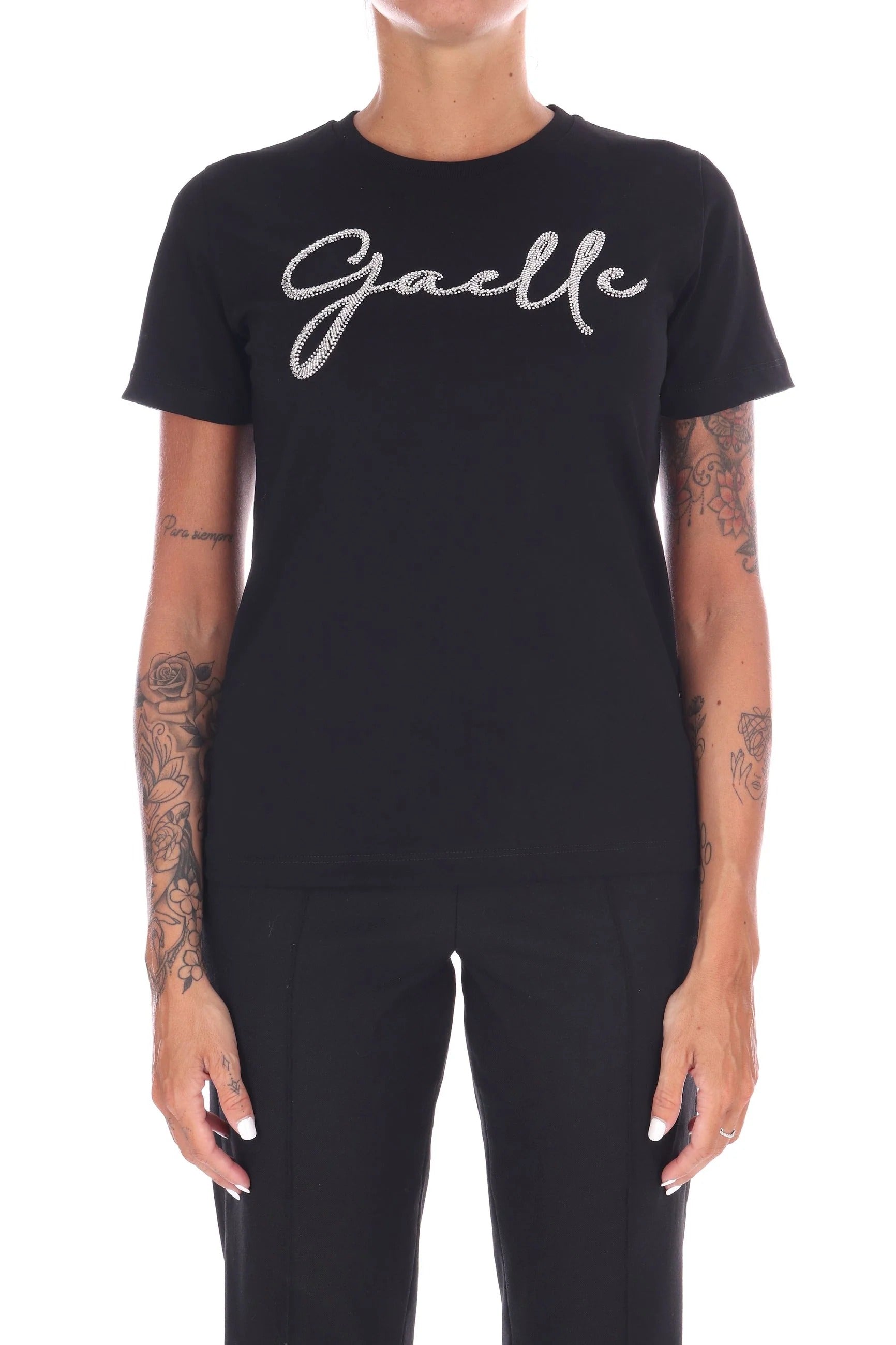 GAELLE PARIS T-shirt Donna Ricamo Logo Strass-Nero