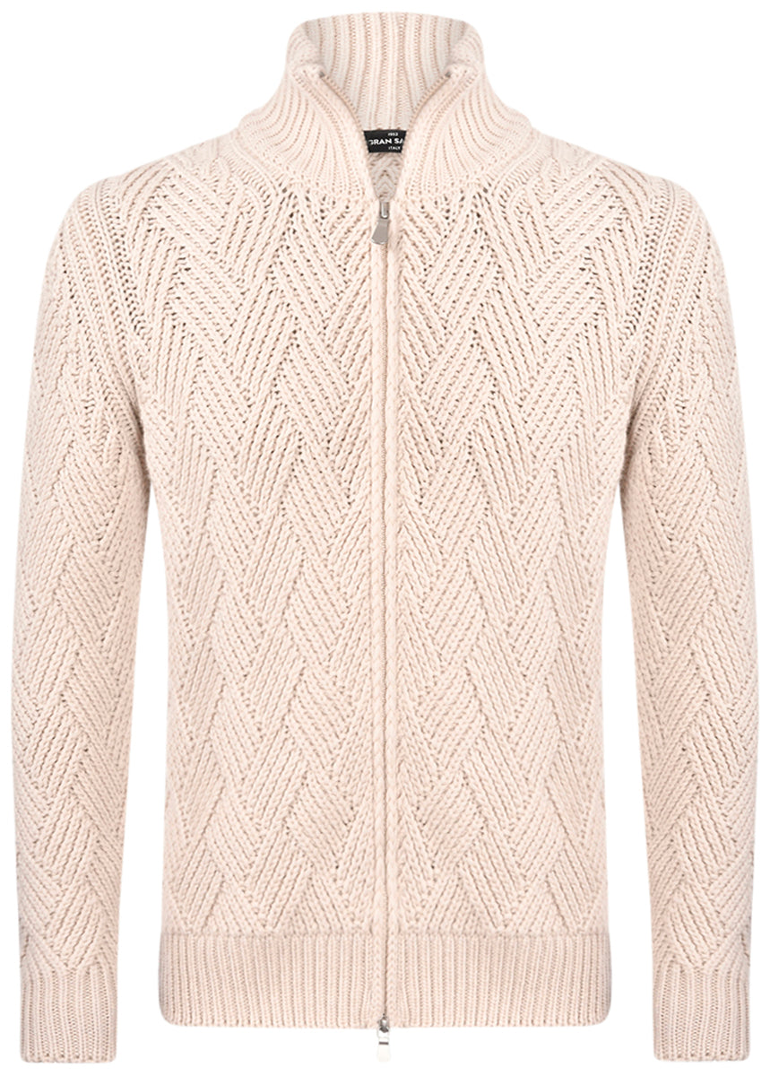 GRAN SASSO Cardigan Uomo Full Zip Punto Canestro-Beige