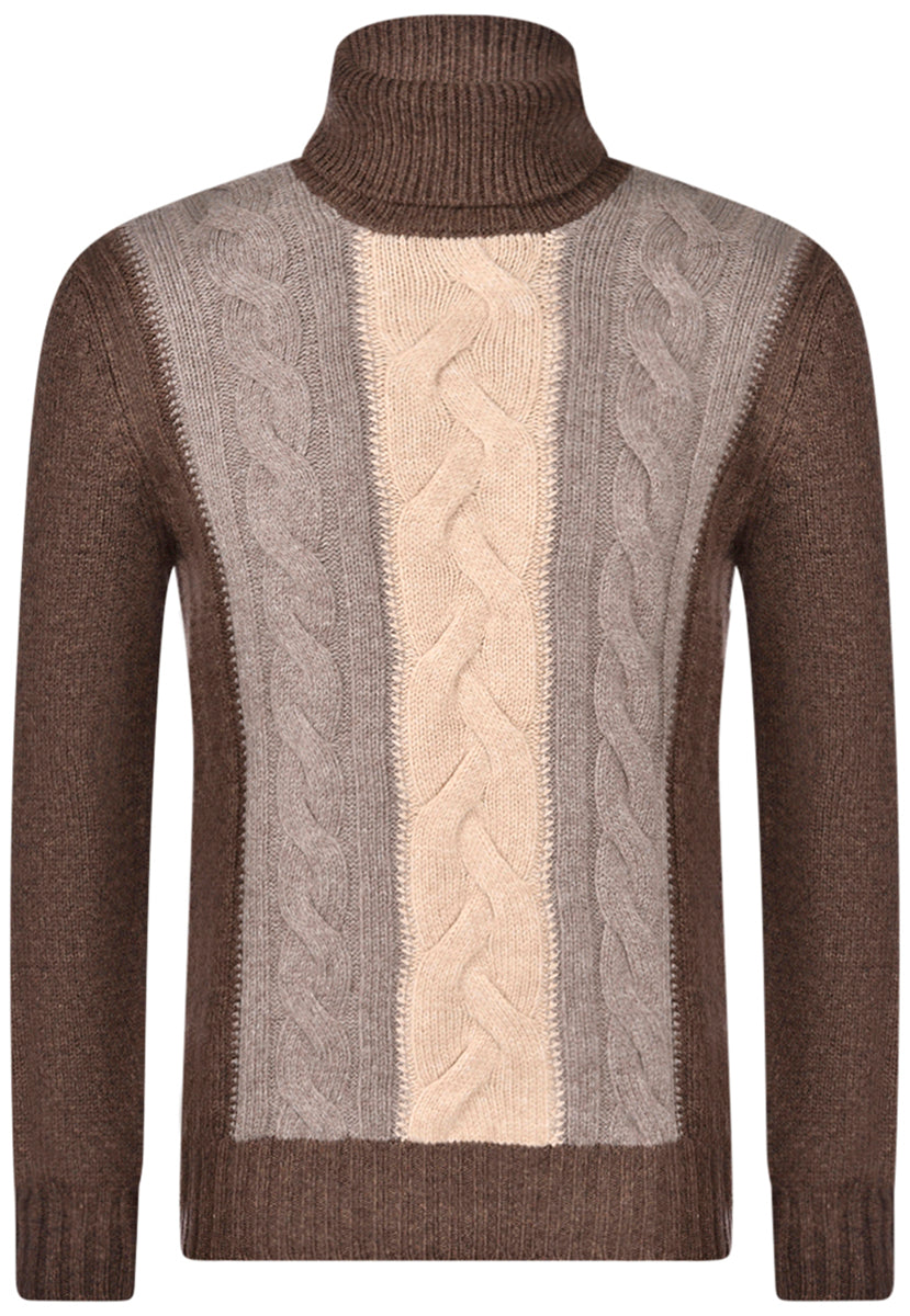 GRAN SASSO Maglione Uomo Dolcevita Trecce Lana Super Geelong-Marrone