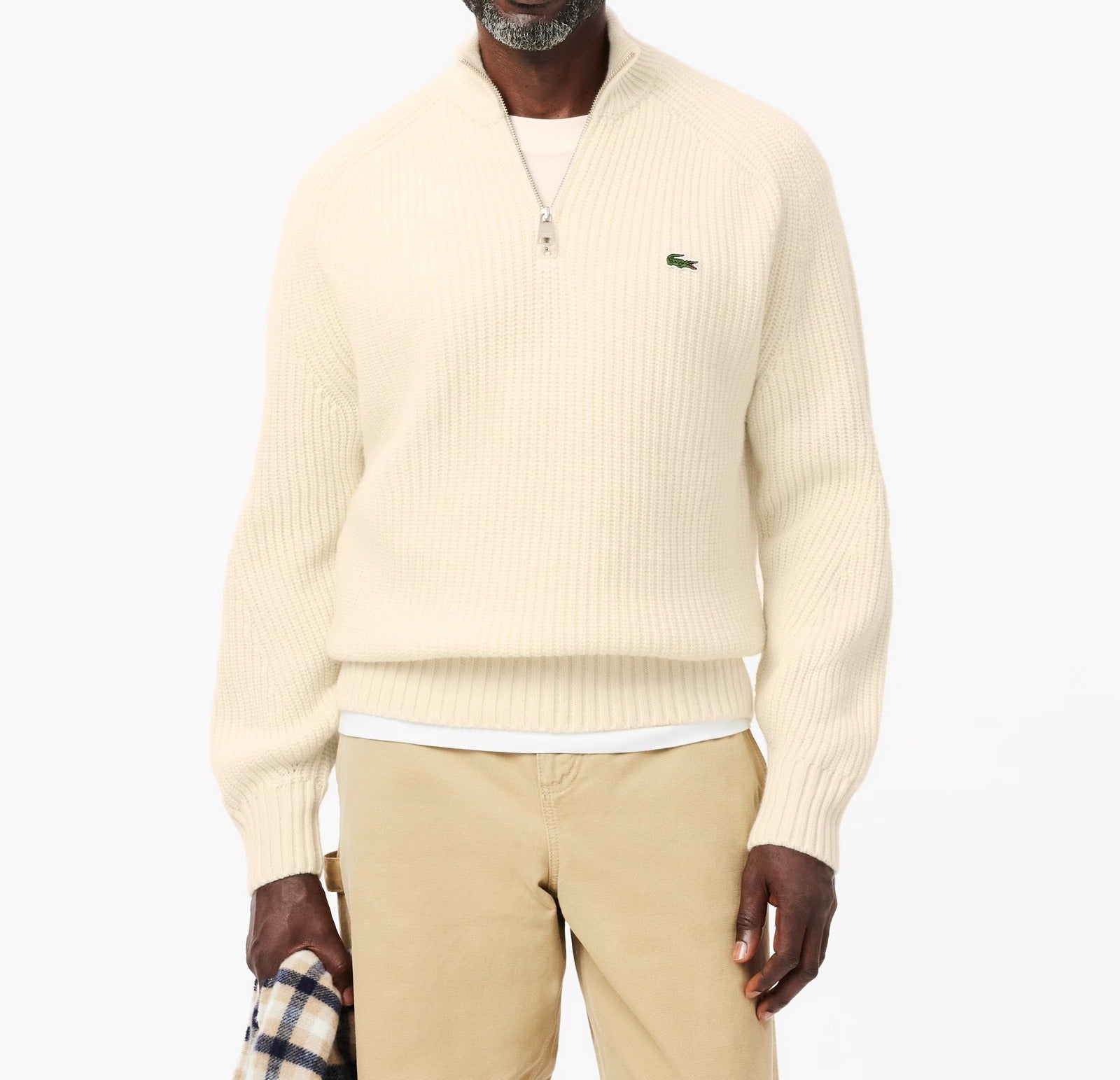 LACOSTE Pullover Uomo Lana Cardata Mezza Zip-Bianco