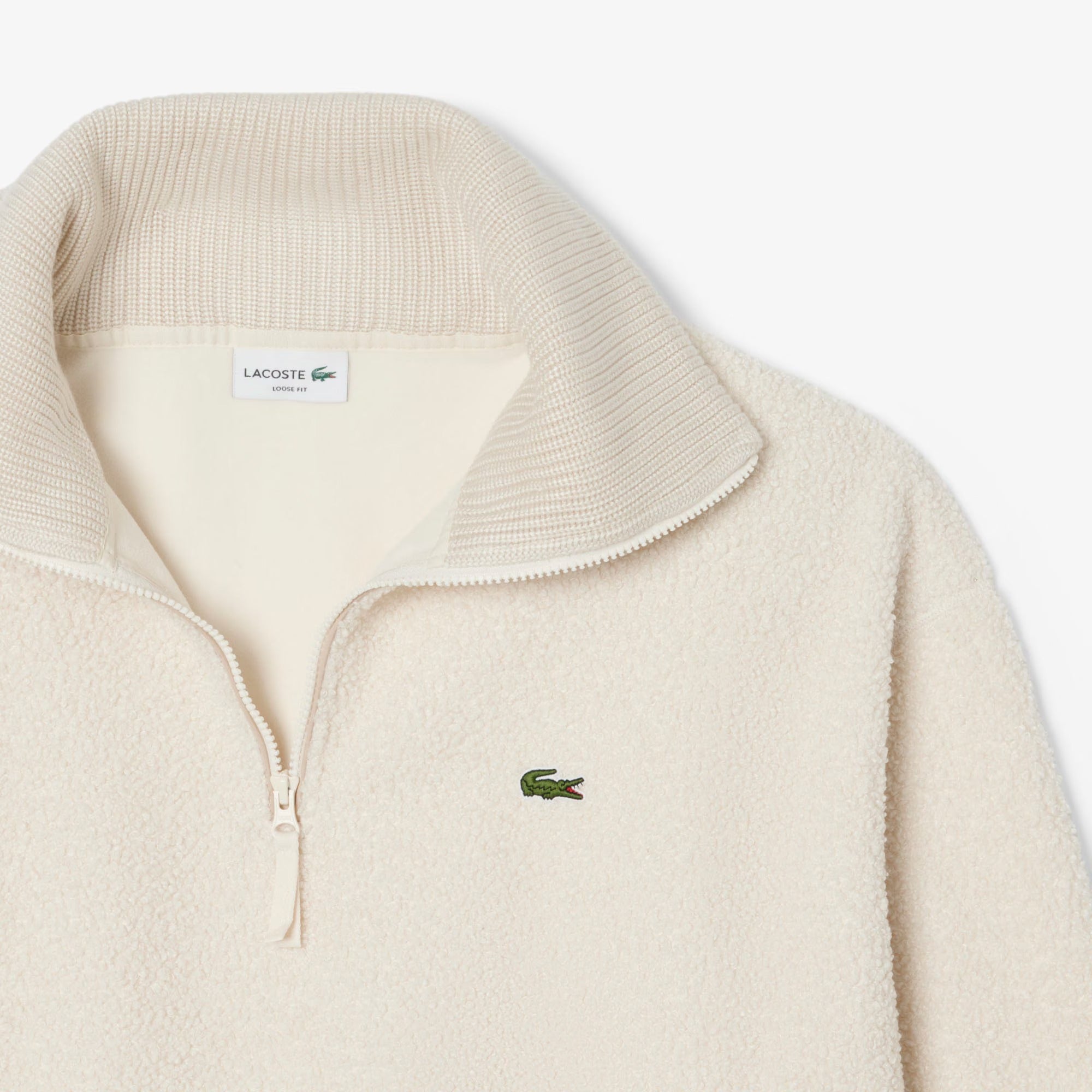 LACOSTE Felpa Uomo Sherpa Mezza Zip-Bianco