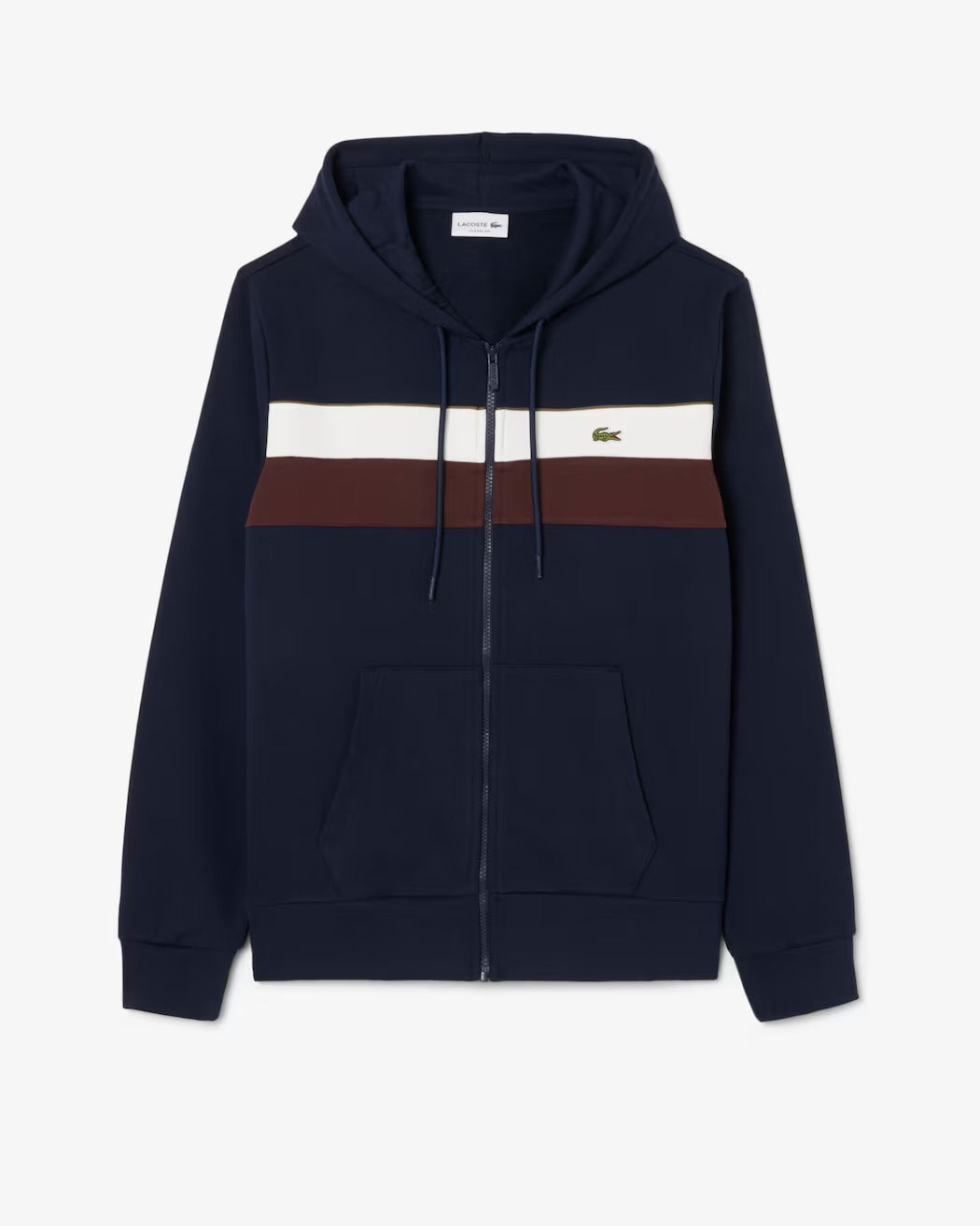 LACOSTE Felpa Uomo Cotone Cappuccio Zip Color Block-Blu Navy Bianco Marrone