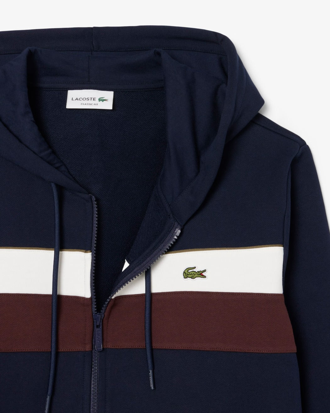LACOSTE Felpa Uomo Cotone Cappuccio Zip Color Block-Blu Navy Bianco Marrone