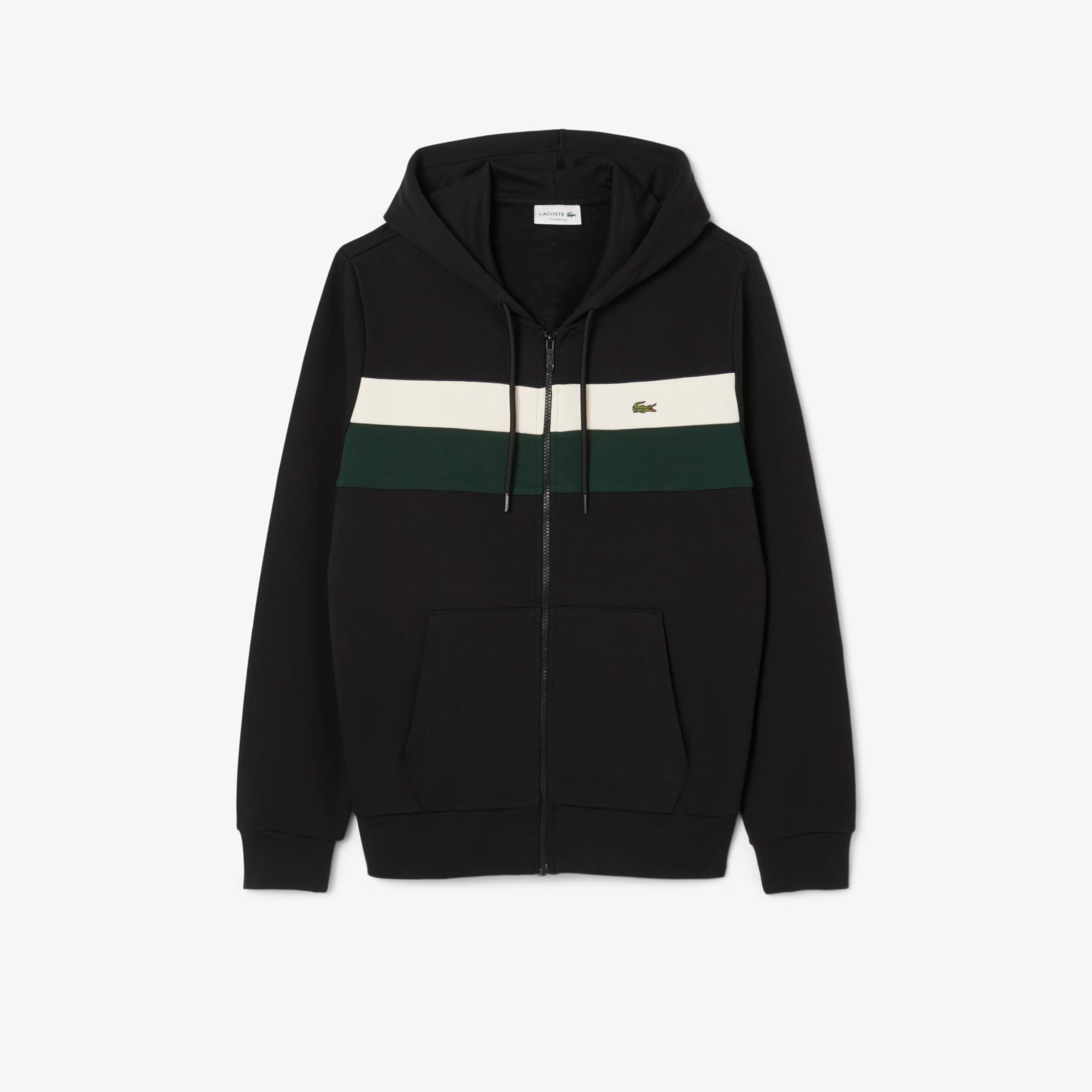 LACOSTE Felpa Uomo Cotone Cappuccio Zip Color Block-Nero Bianco Verde