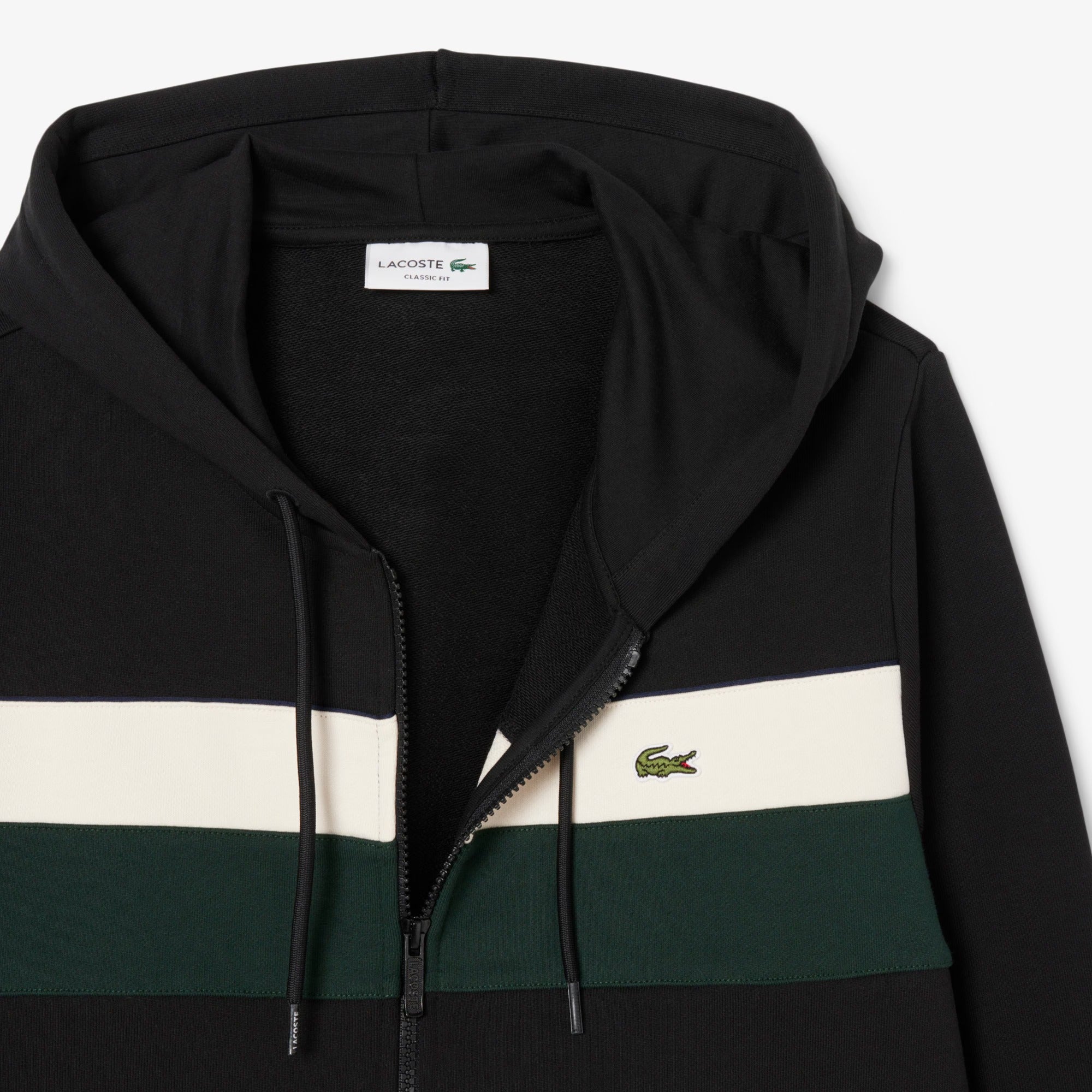 LACOSTE Felpa Uomo Cotone Cappuccio Zip Color Block-Nero Bianco Verde