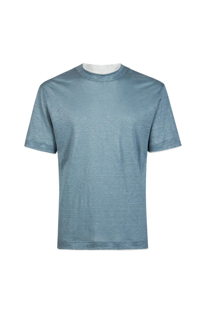 ELEVENTY T-Shirt Uomo Lino Bordi Contrasto-Denim/Bianco