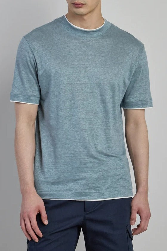 ELEVENTY T-Shirt Uomo Lino Bordi Contrasto-Denim/Bianco