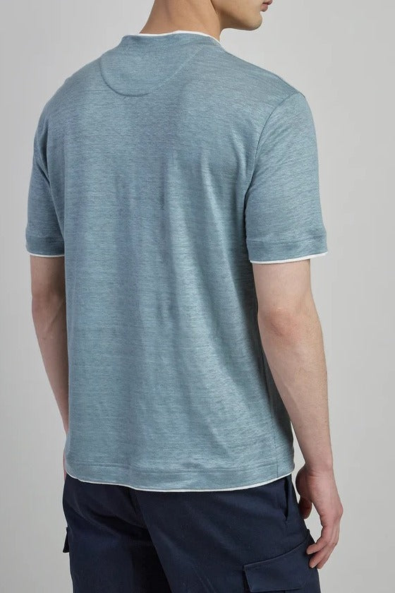 ELEVENTY T-Shirt Uomo Lino Bordi Contrasto-Denim/Bianco