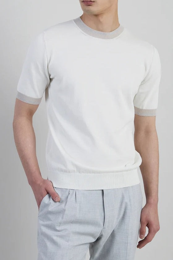 ELEVENTY Maglia Uomo Cotone Dettagli Rigati-Bianco/Sabbia/Grigio Chiaro